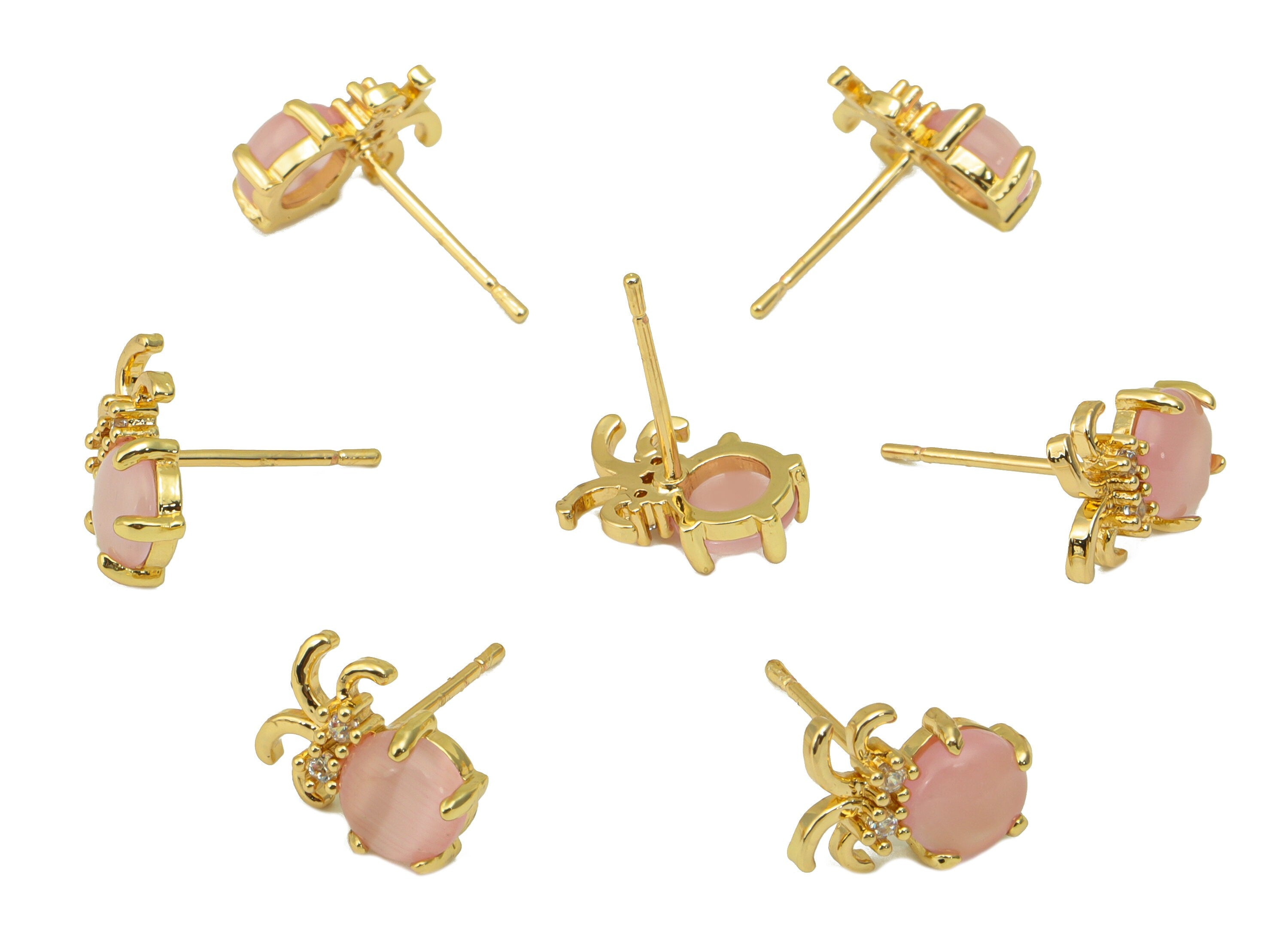 Brass Pink Jade Earring Stud - Insect Earring Post - Brass Fruit Earring Post - Cubic Zirconia - 18K Real Gold Plated -11x8x3.58mm- RGP6682 - DOMEDBAZAAR