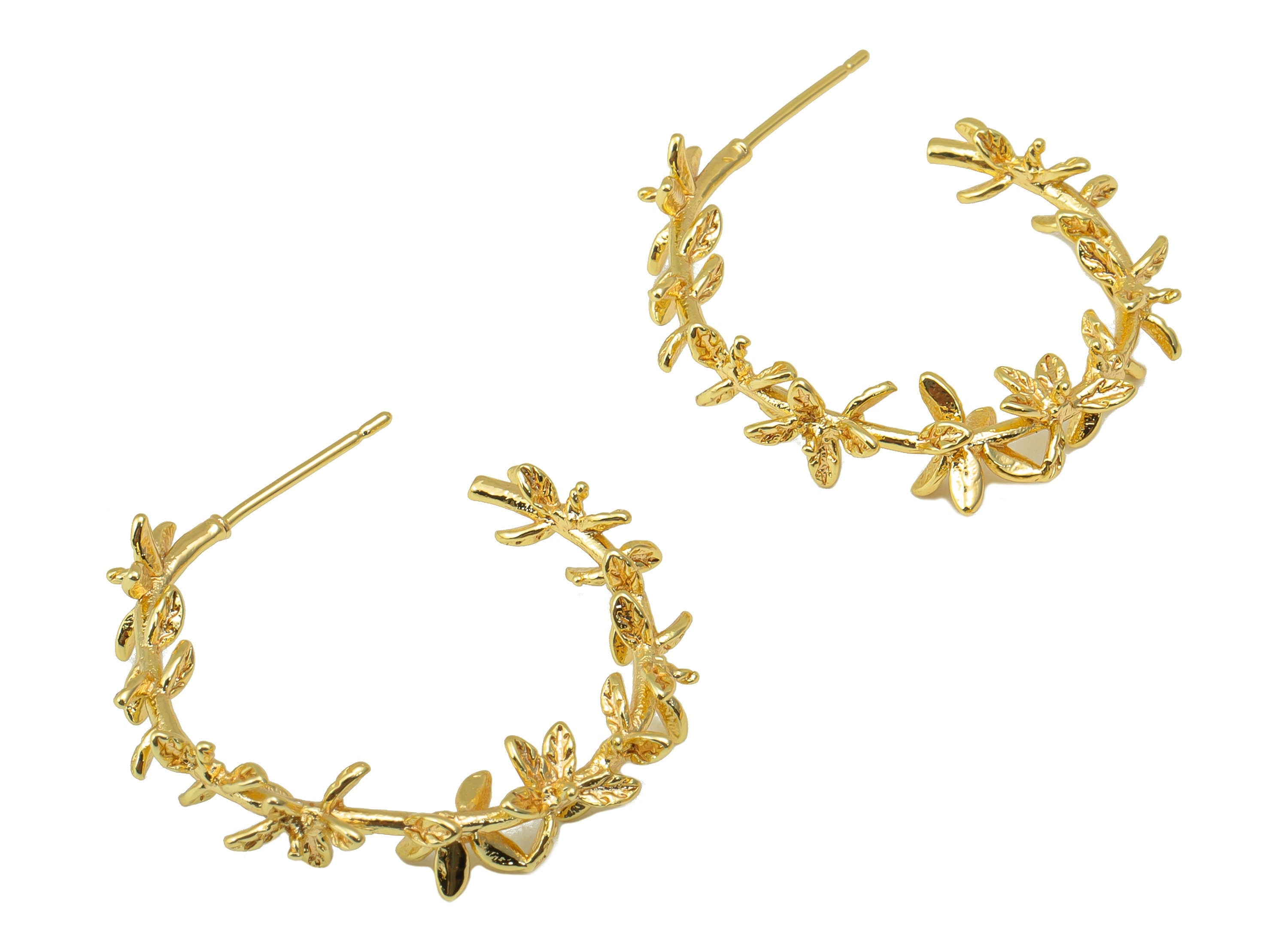 Brass Open Hoop Earring Stud - Flower Earring Post - Brass Leaf Post - Branch Hoop Earring - 18K Real Gold Plated - 31.28x28x5.78mm- RGP6373 - DOMEDBAZAAR