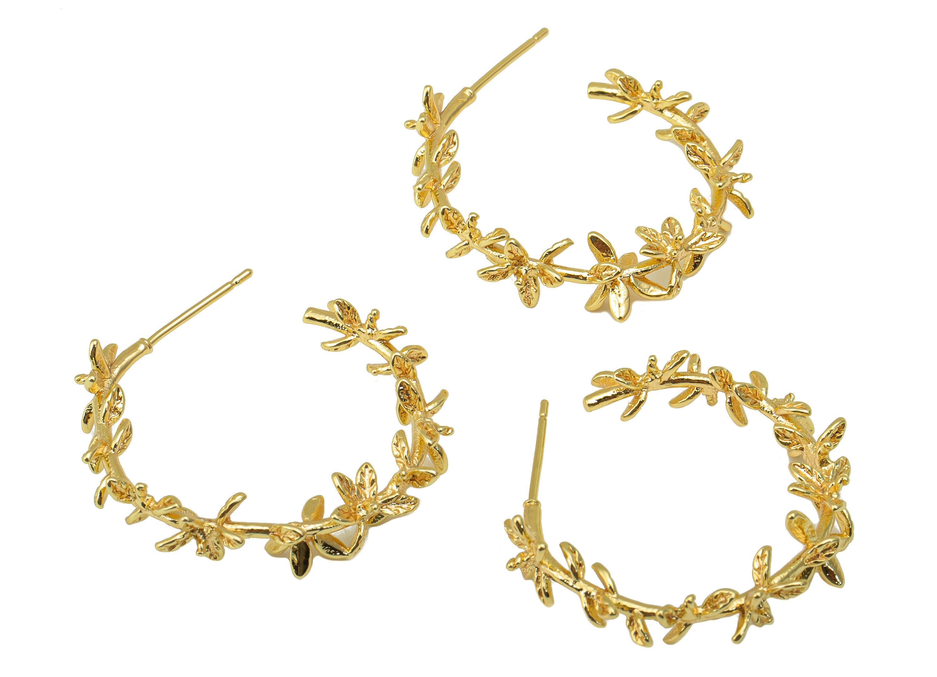 Brass Open Hoop Earring Stud - Flower Earring Post - Brass Leaf Post - Branch Hoop Earring - 18K Real Gold Plated - 31.28x28x5.78mm- RGP6373 - DOMEDBAZAAR