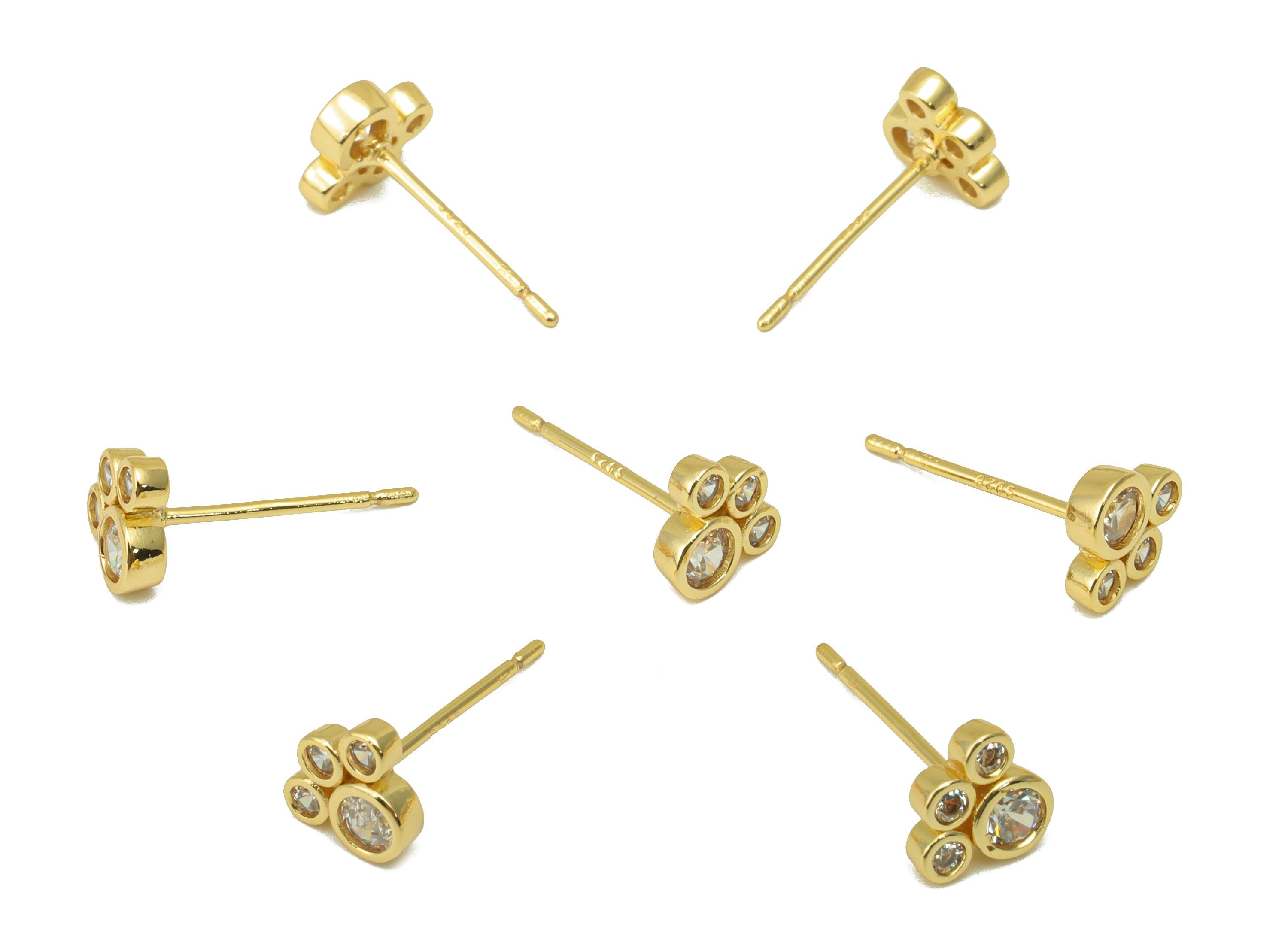 Brass Dog Paw Earrings Studs - Brass Paw Earring Post - Animal Foot Earring Post- Cubic Zirconia - 18K Real Gold Plated -7x6x1.67mm- RGP6327 - DOMEDBAZAAR