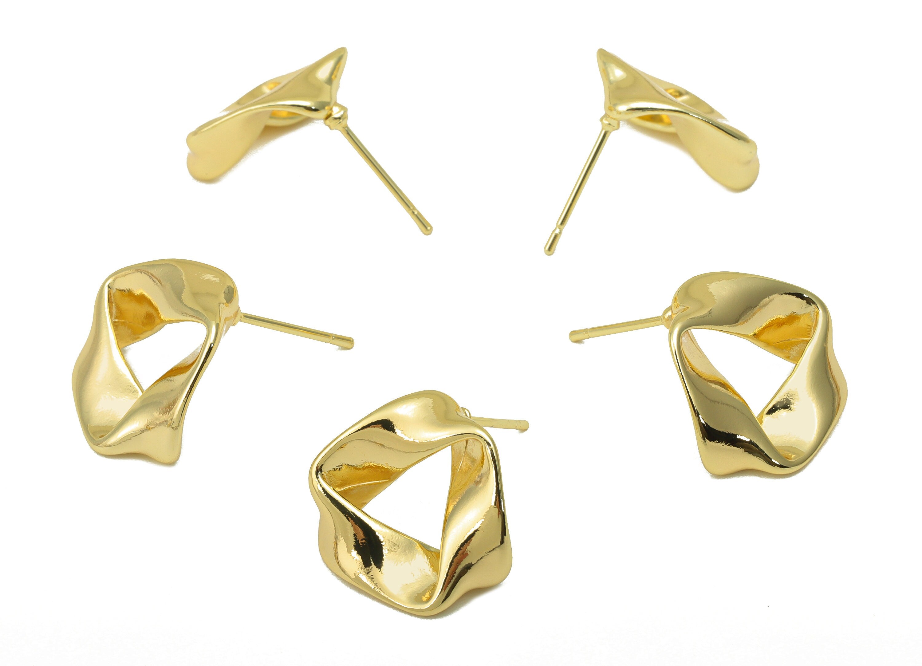 Brass Wavy Earrings Studs - Brass Twisted Earring Post - Fold Bent Earring Post - 18K Real Gold Plated -15.67x17x 1.31mm- RGP6308 - DOMEDBAZAAR