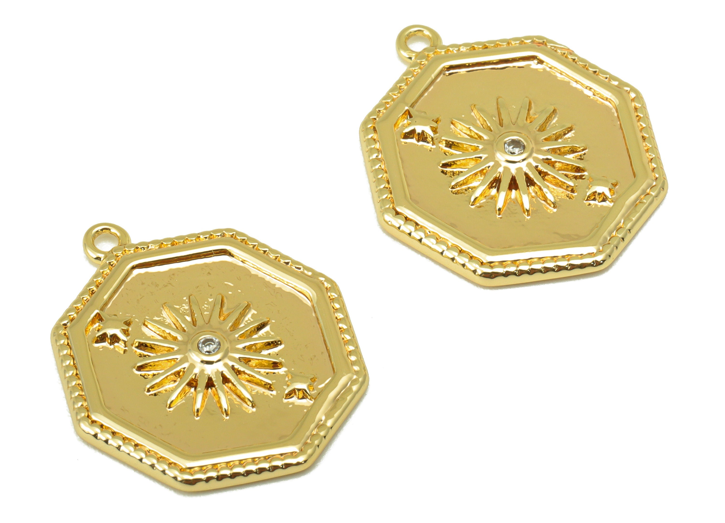 Brass Octagon Earring - Brass Textured Sun CZ Charms - Cubic Zirconia Pendant - for Necklace - 18K Real Gold Plated - 21.39x18x1.7mm-RGP6304 - DOMEDBAZAAR