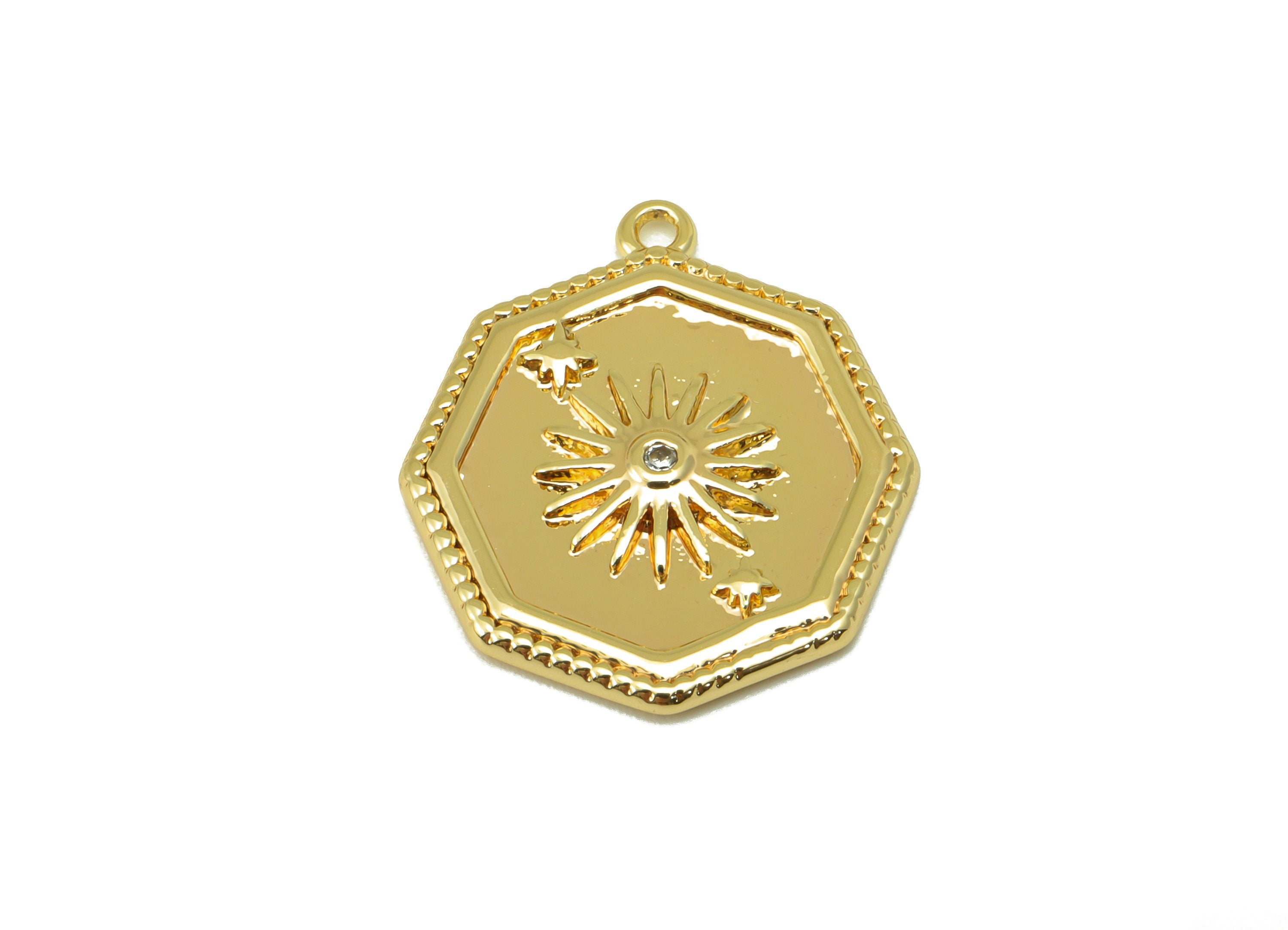 Brass Octagon Earring - Brass Textured Sun CZ Charms - Cubic Zirconia Pendant - for Necklace - 18K Real Gold Plated - 21.39x18x1.7mm-RGP6304 - DOMEDBAZAAR