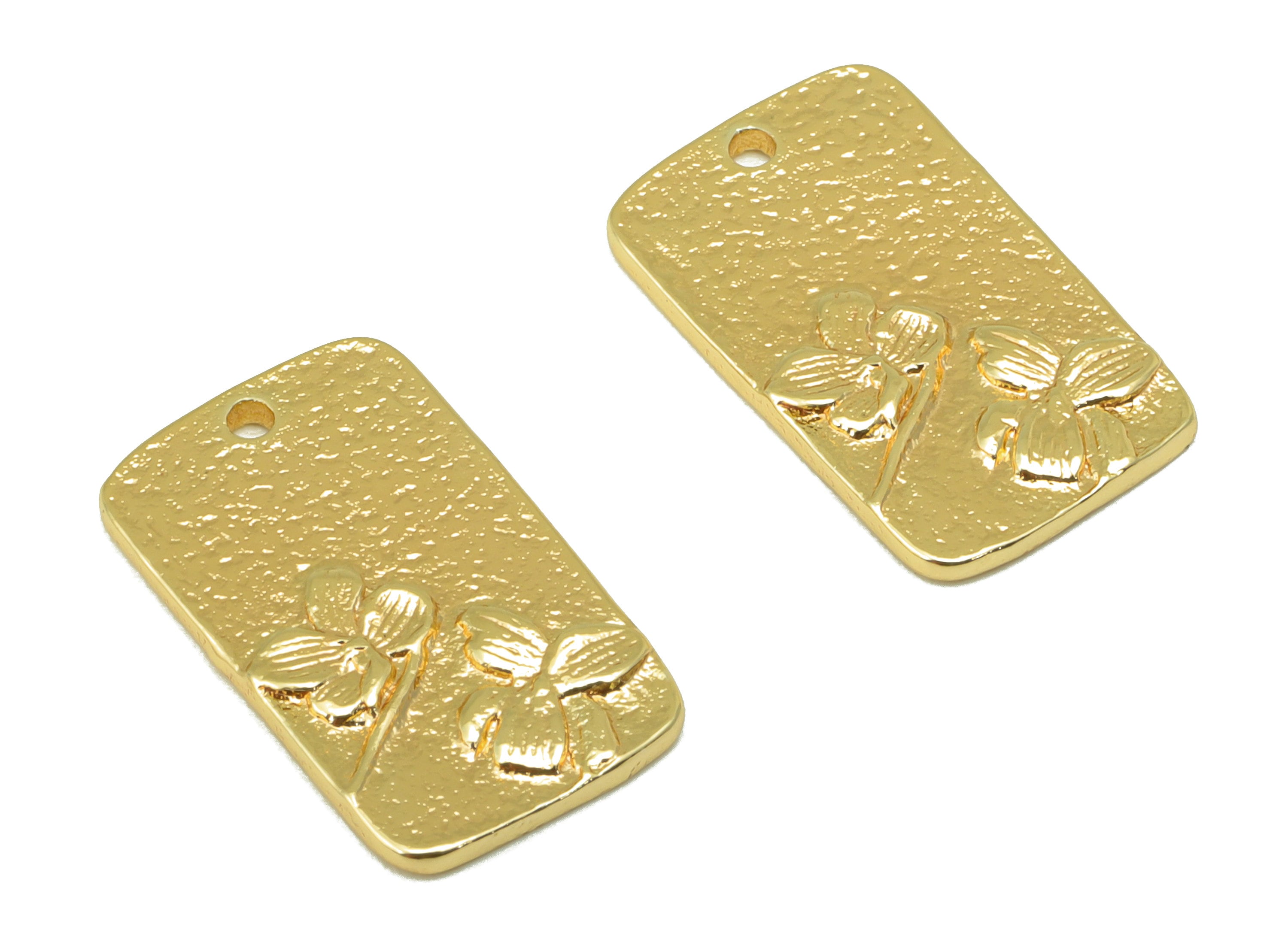 Brass Flower Charm - Brass Orchid Earring Charm - Oval Rectangle Hammered Charm - For Necklace - 18K Real Gold Plated - 19x11x1.5mm-RGP6318 - DOMEDBAZAAR