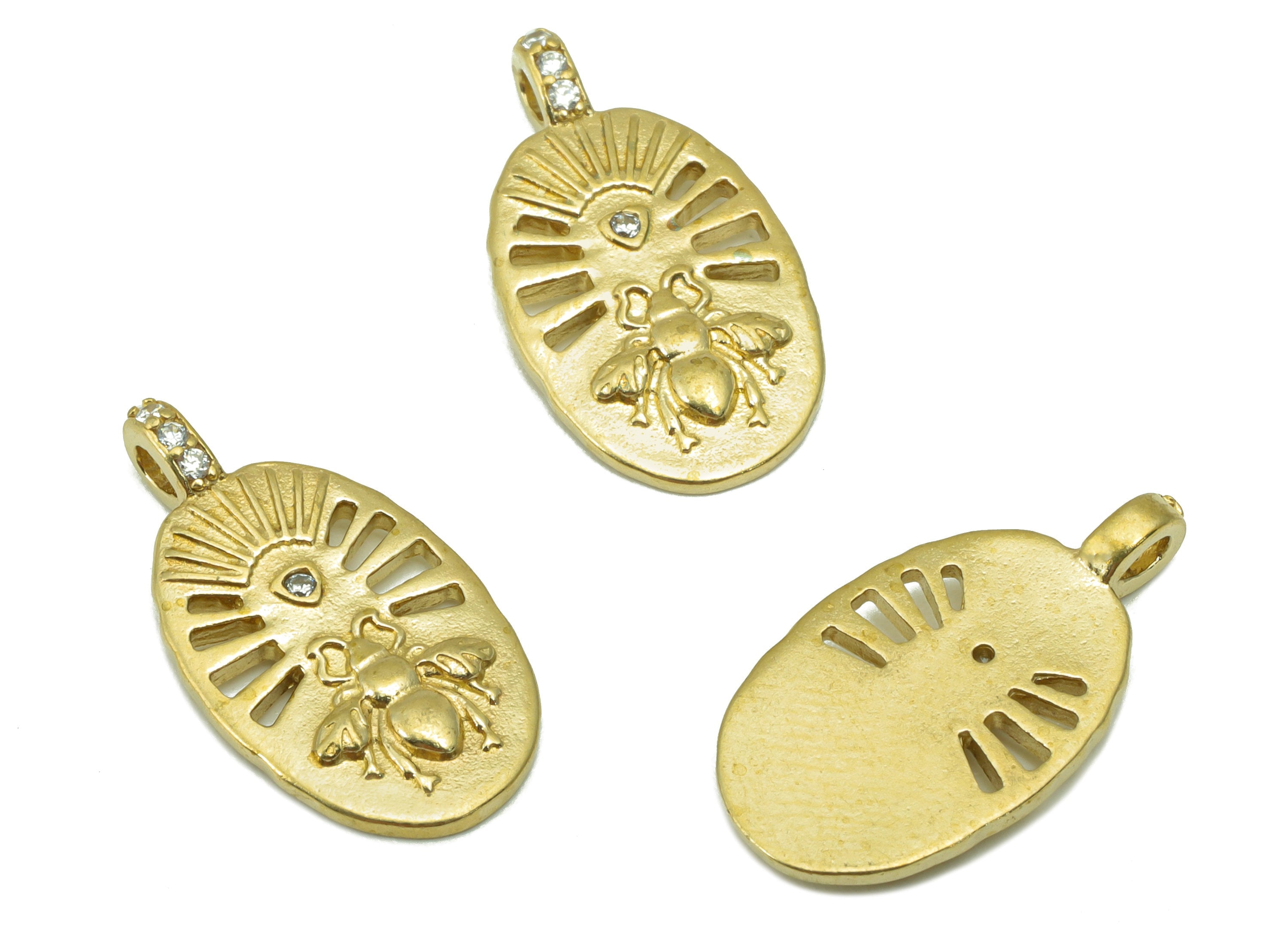 Brass Oval Bee Earring- Raw Brass Bee Pendant-Cubic Zircon- Fly Charm -Animal Pendant- Earring Charm-JewelrySupplies -21x11x1.59mm-PP8504 - DOMEDBAZAAR