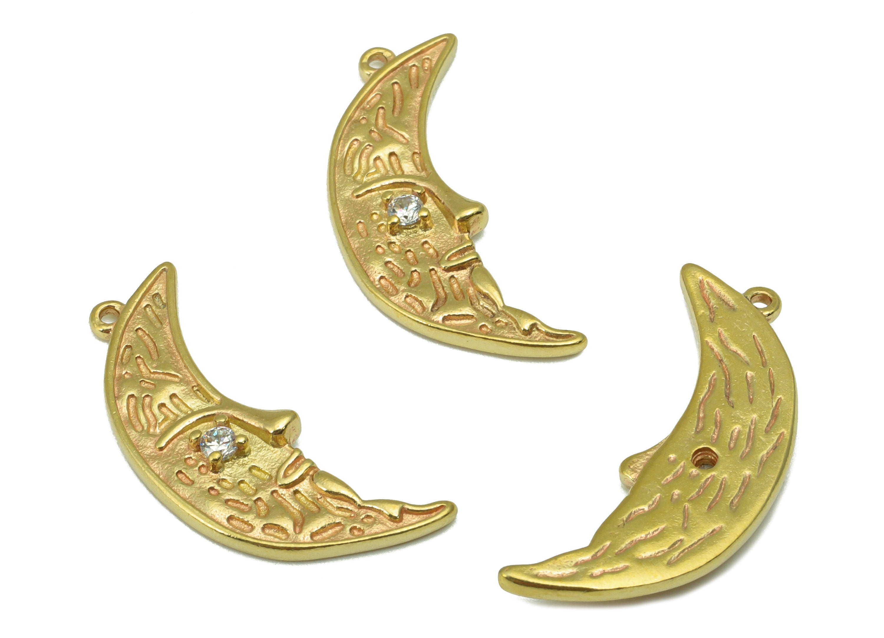 Brass Moon Face Earring - Raw Brass Texture Charm-Cubic zircon - Crescent Pendant - Earring Charm -Jewelry Supplies -26x12x 2.76mm-PP8502 - DOMEDBAZAAR