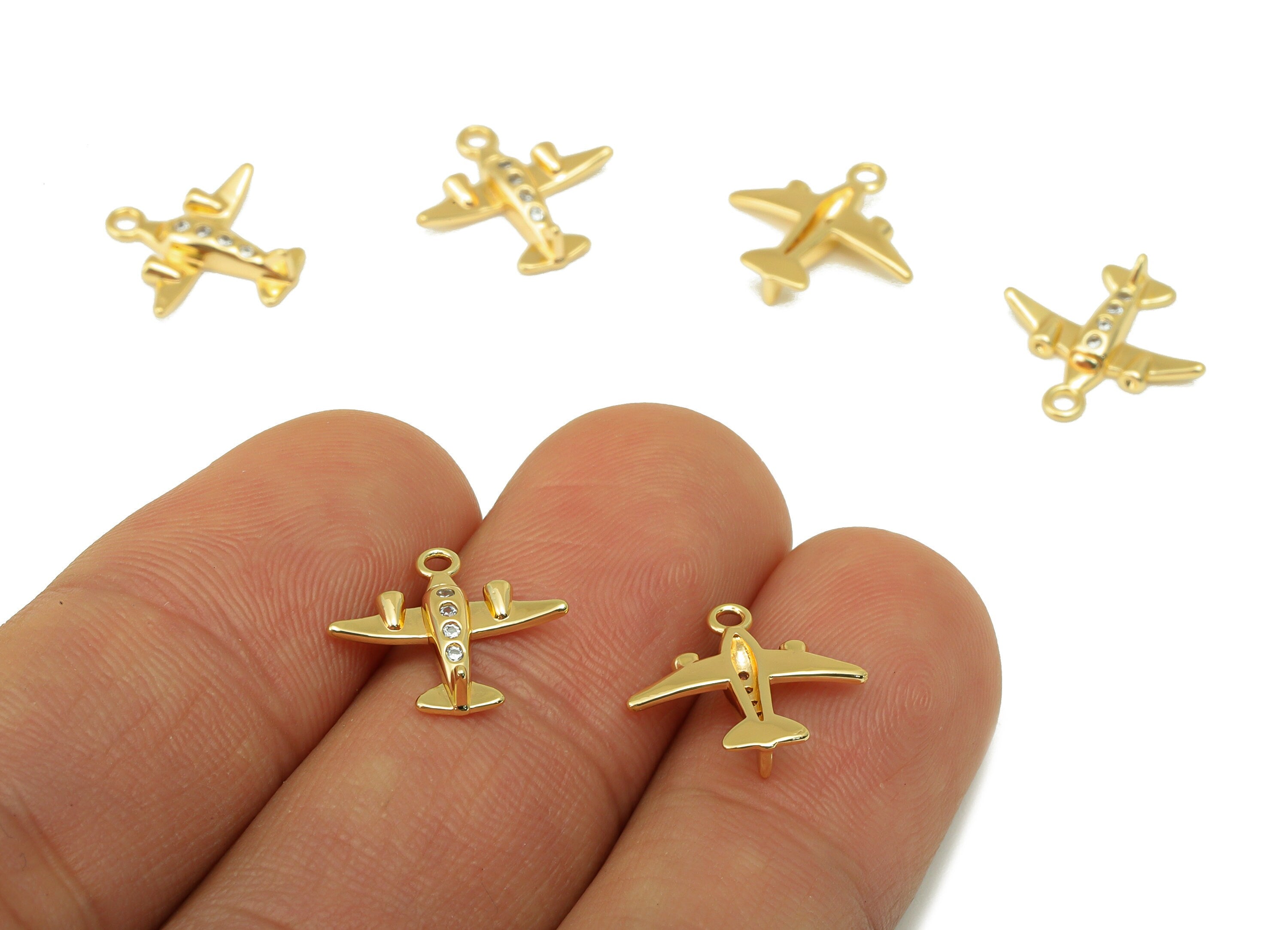 Brass Aircraft Charm - Brass Aircraft CZ Earring Charm - Cubic Zirconia Plane Charm - For Necklace - 18K Real Gold Plated -13x14x2mm-RGP6323 - DOMEDBAZAAR
