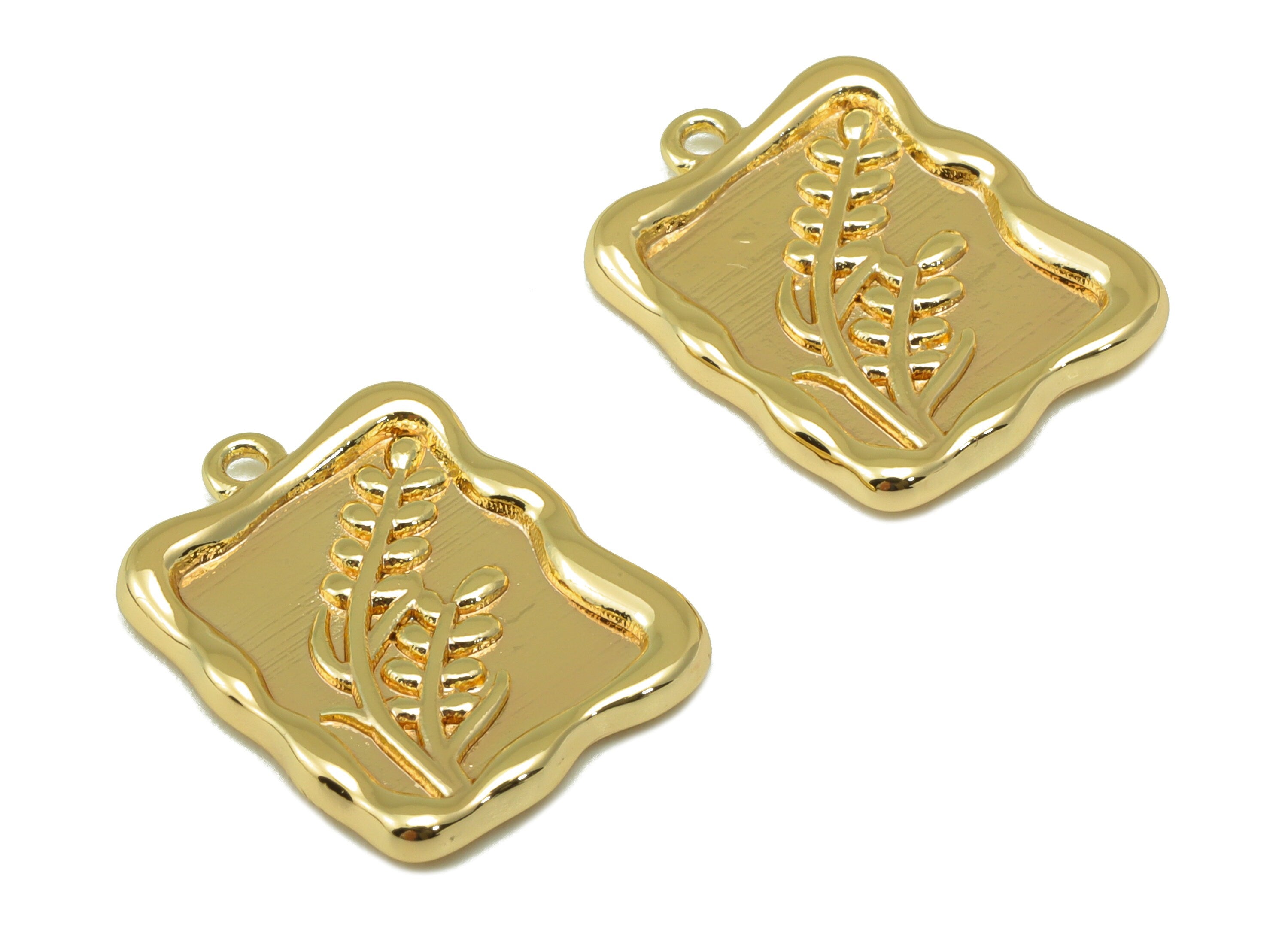 Brass Rectangle Frame Charm - Brass Ear of Wheat Earring Charm - Botanical Textured Pendant - 18K Real Gold Plated - 18x13.8x1.58mm- RGP6340 - DOMEDBAZAAR