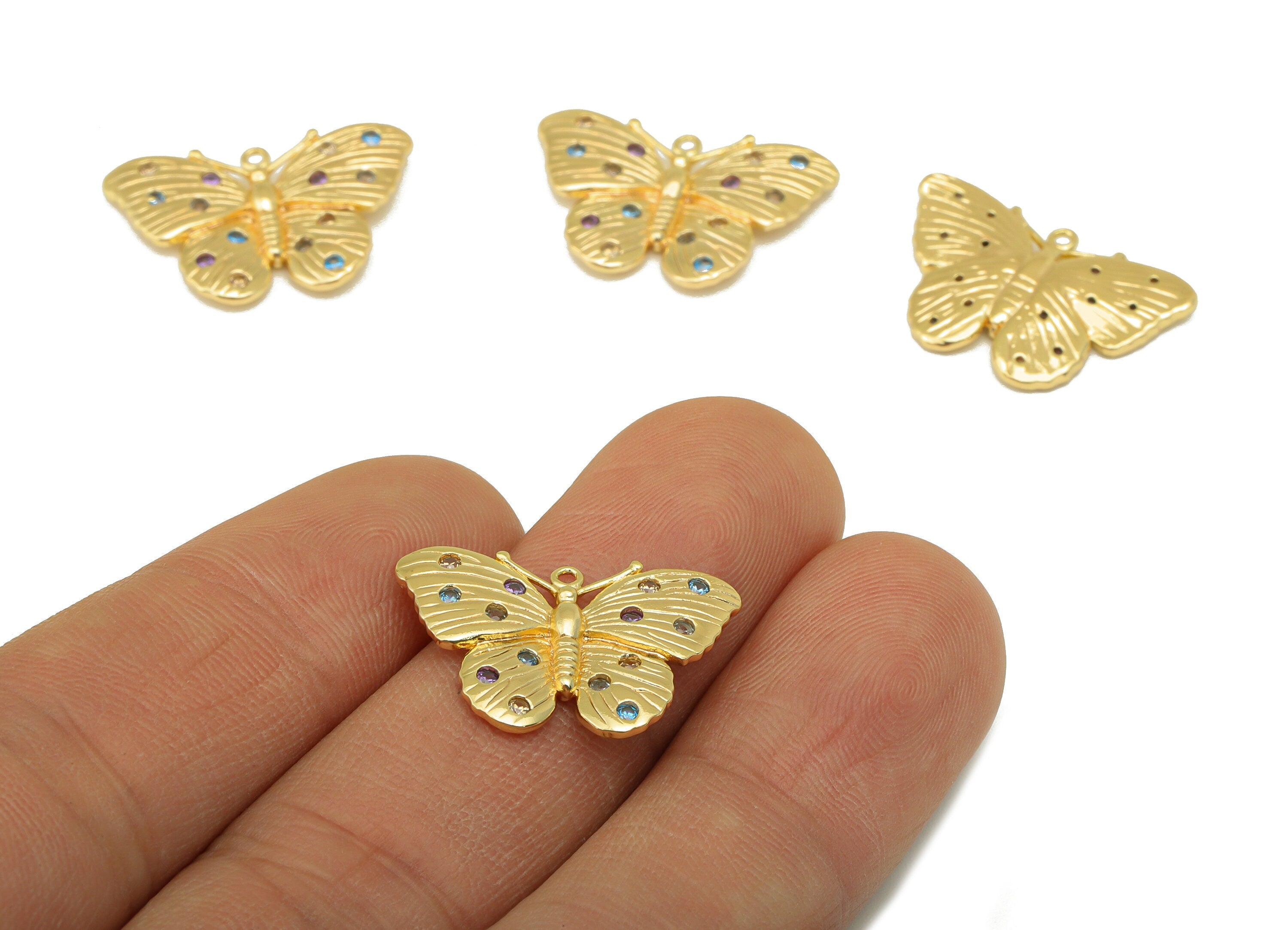 Brass Butterfly Charm - Brass Cubic Zirconia Charm - Rainbow CZ Butterfly Pendant - For Necklace - 18K Real Gold Plated - 22x15x2mm- RGP6348 - DOMEDBAZAAR