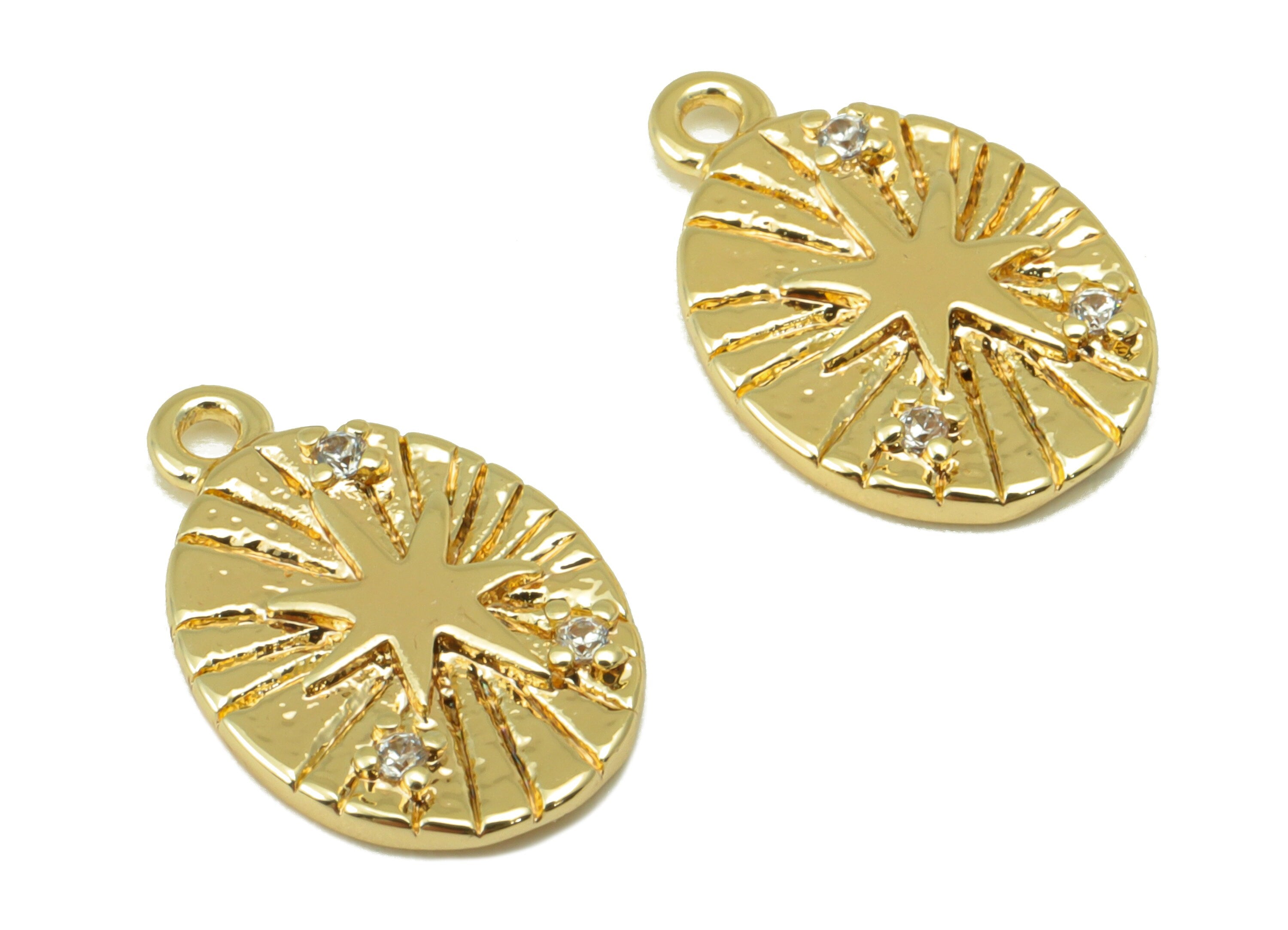 Brass Ellipse Charm - Brass Cubic Zirconia Charm - Textured North Star Earring - For Necklace - 18K Real Gold Plated - 14.4x9x2mm- RGP6349 - DOMEDBAZAAR