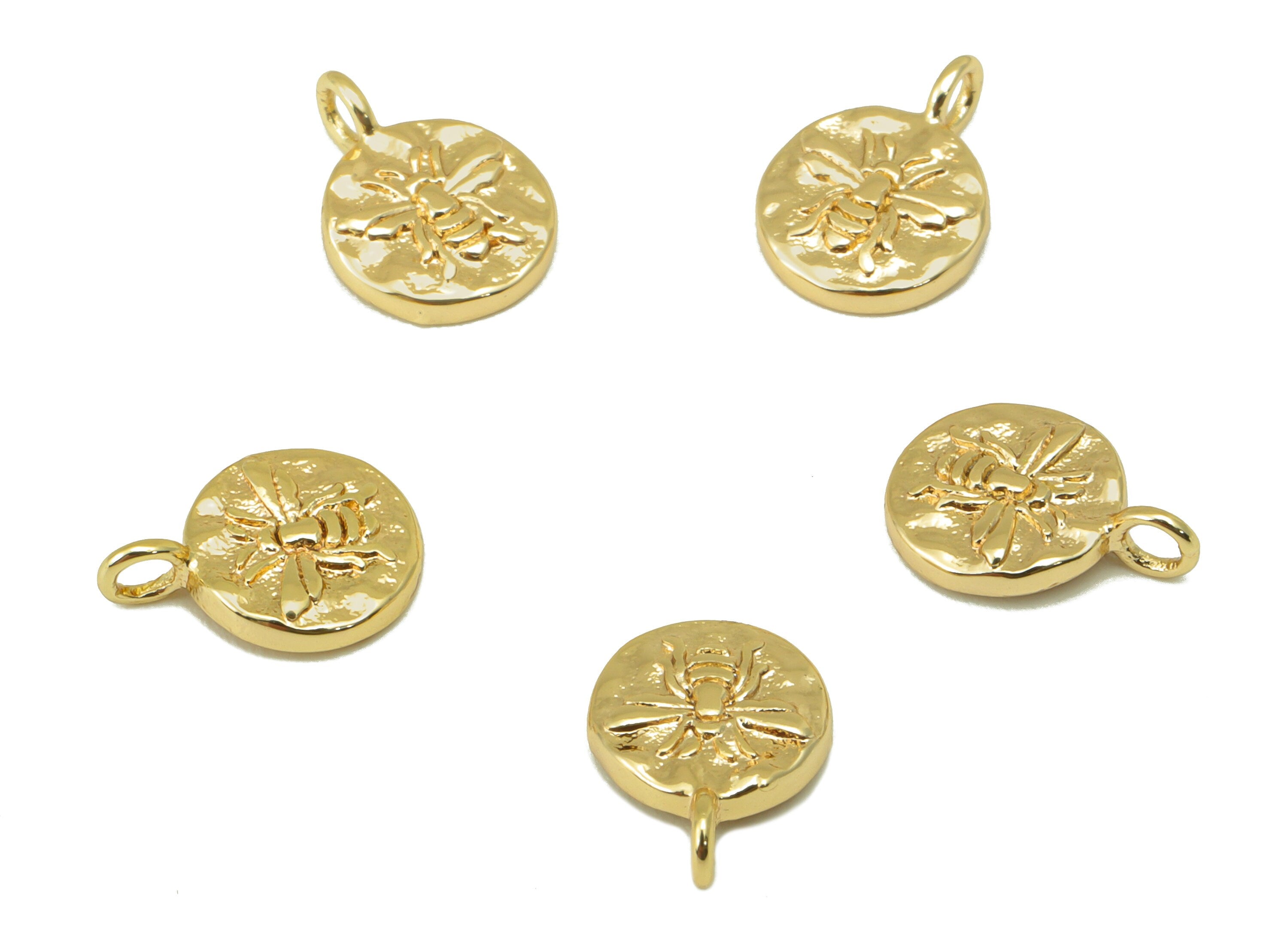 Brass Bee Charm - Brass Round Bee Earring Charm - Hammered Mini Animal Earring - For Necklace - 18K Real Gold Plated - 14.4x9x2mm- RGP6351 - DOMEDBAZAAR