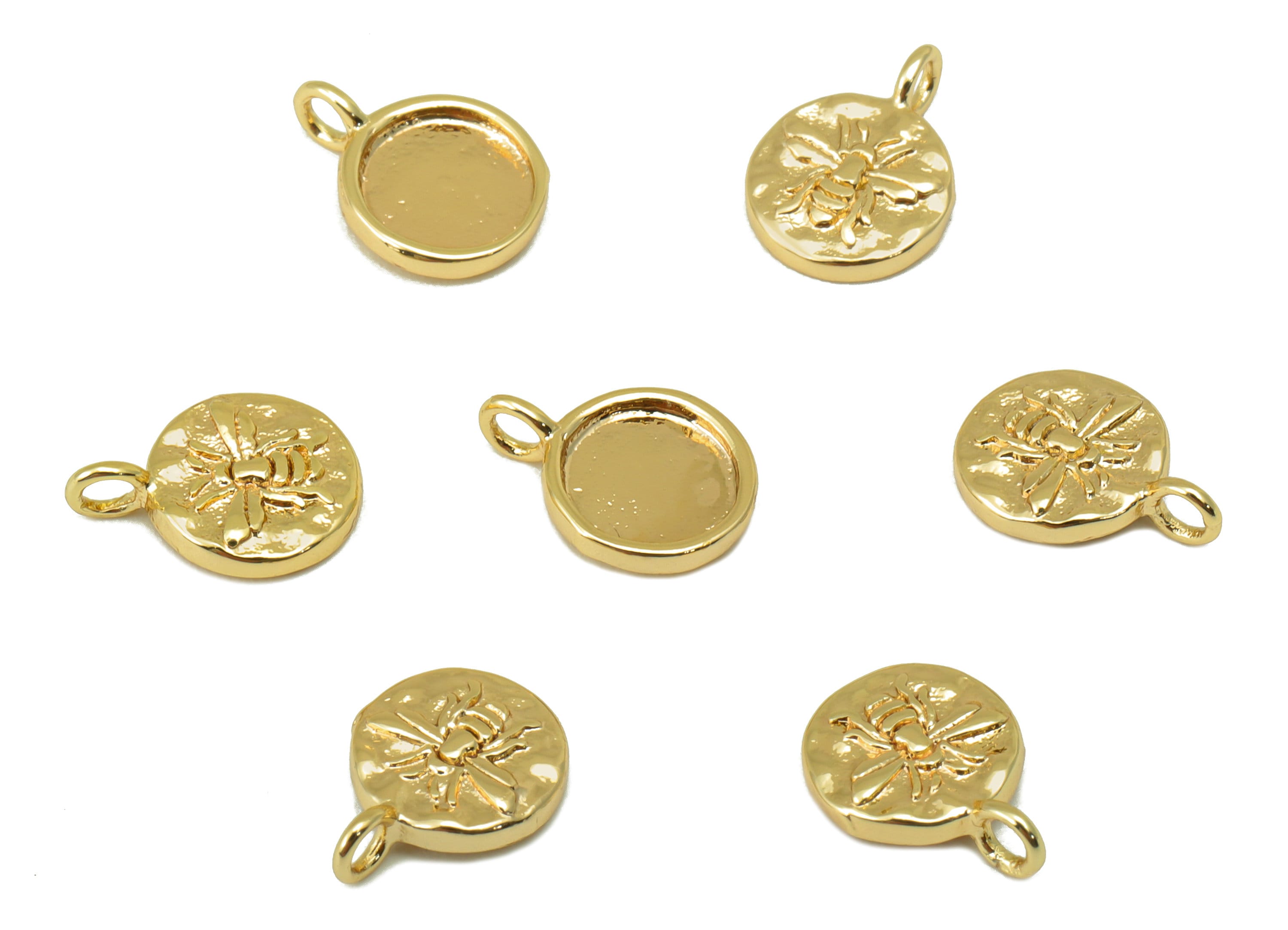 Brass Bee Charm - Brass Round Bee Earring Charm - Hammered Mini Animal Earring - For Necklace - 18K Real Gold Plated - 14.4x9x2mm- RGP6351 - DOMEDBAZAAR