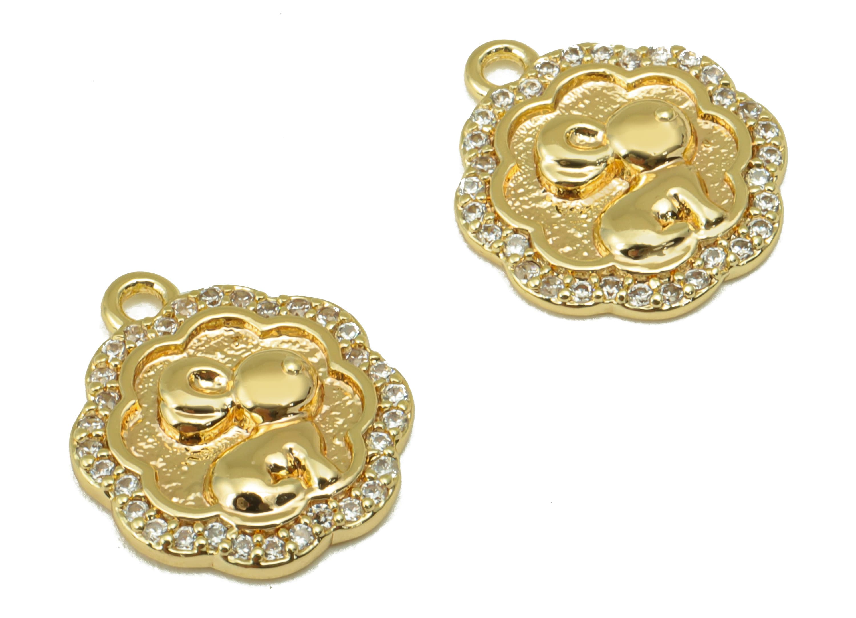 Brass Rabbit Charm - Brass Cubic Zirconia Earring Charm - Textured CZ Flower Earring - For Necklace -18K Real Gold Plated-15x12x2mm- RGP6362 - DOMEDBAZAAR