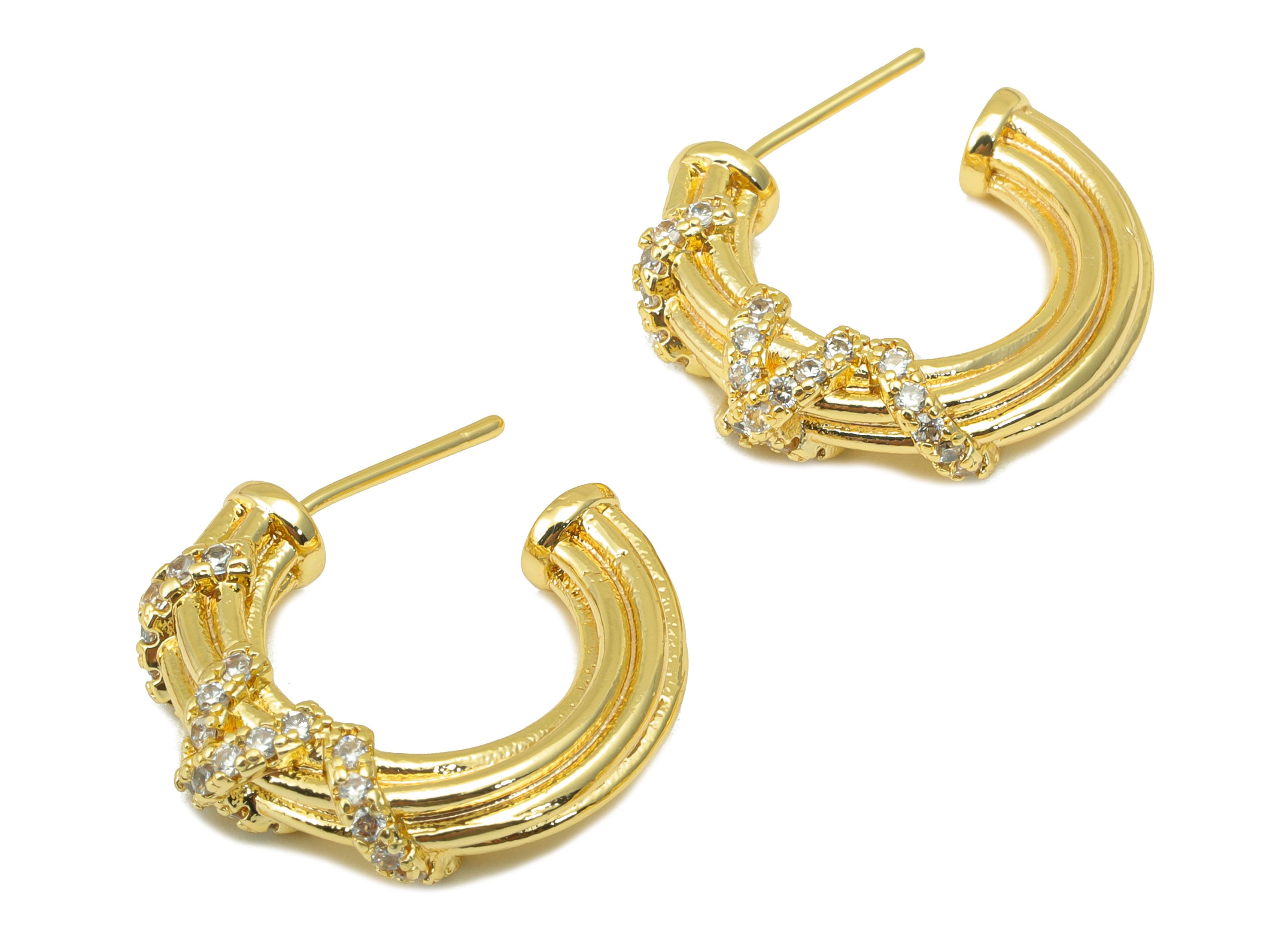 Brass Open Hoop Earring Stud - Zircon Wrapped Hoop Earring Post -Cubic Textured Earring Post - 18K Real Gold Plated - 27x24x6mm- RGP6357 - DOMEDBAZAAR