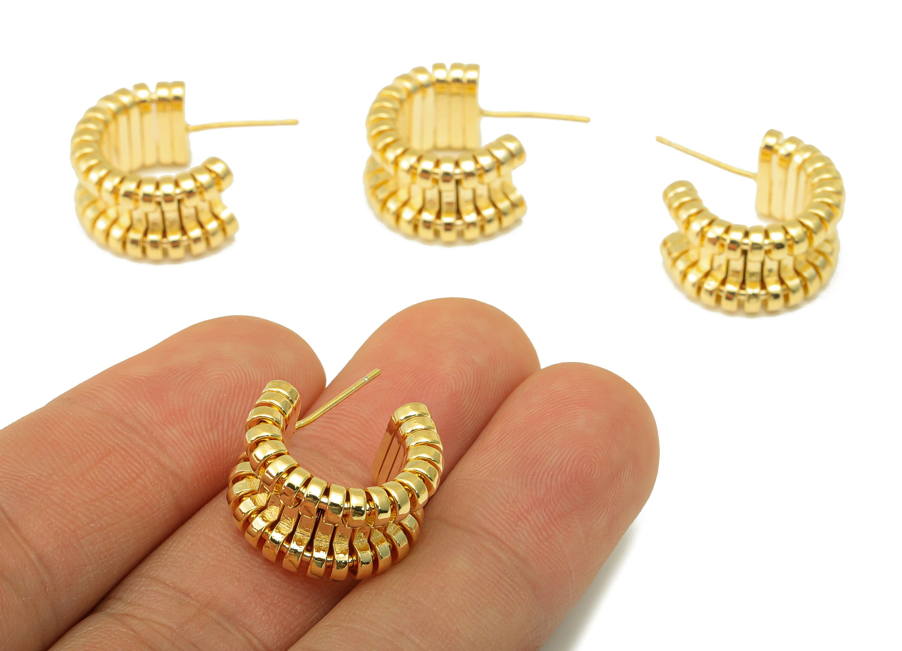 Brass Open Hoop Earring Stud - Brass Thick Earring Post - Cubic Zirconia Hoop Track Earring Post - 18K Real Gold Plated - 25x15x3mm- RGP6337 - DOMEDBAZAAR