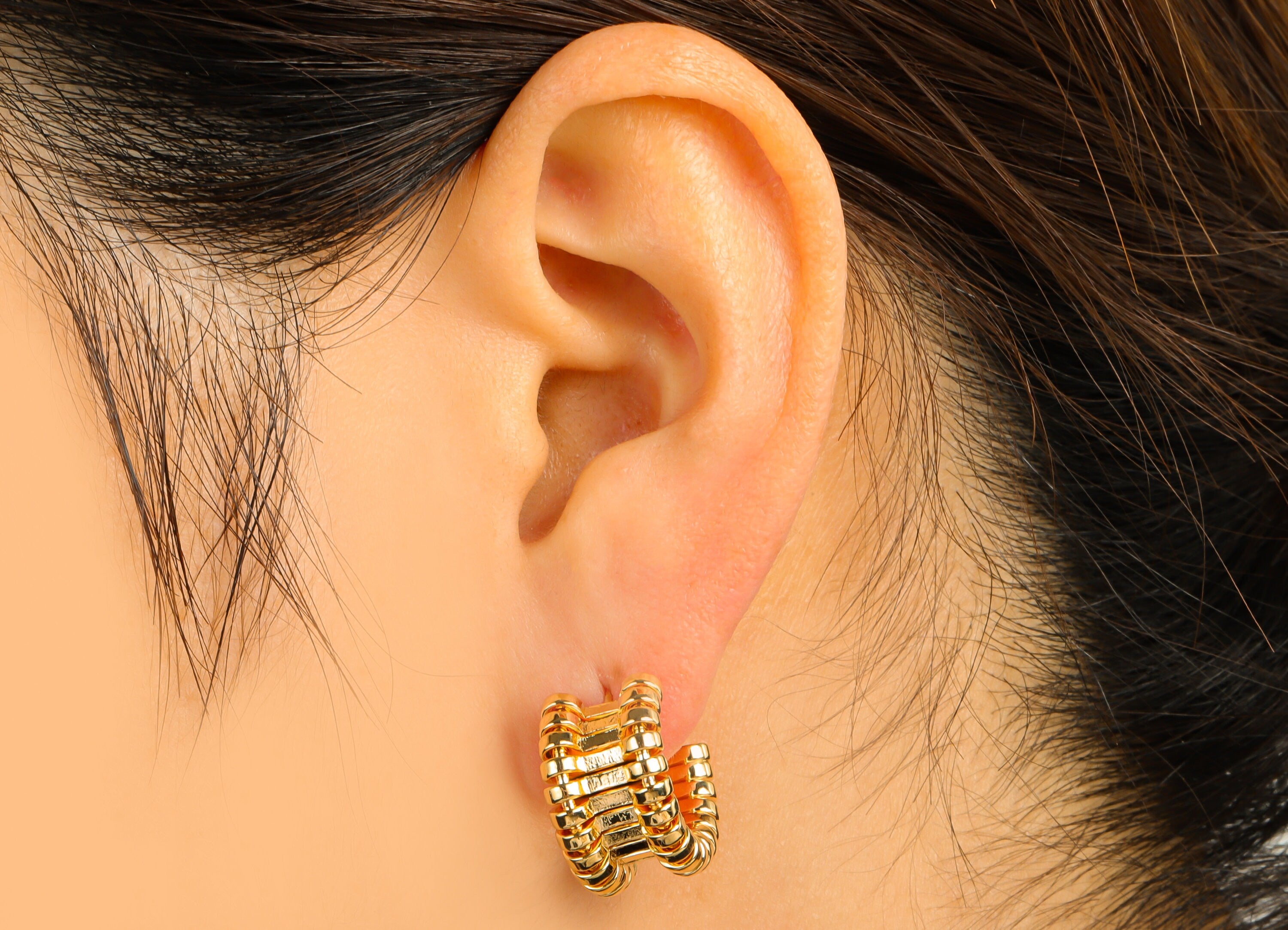 Brass Open Hoop Earring Stud - Brass Thick Earring Post - Cubic Zirconia Hoop Track Earring Post - 18K Real Gold Plated - 25x15x3mm- RGP6337 - DOMEDBAZAAR