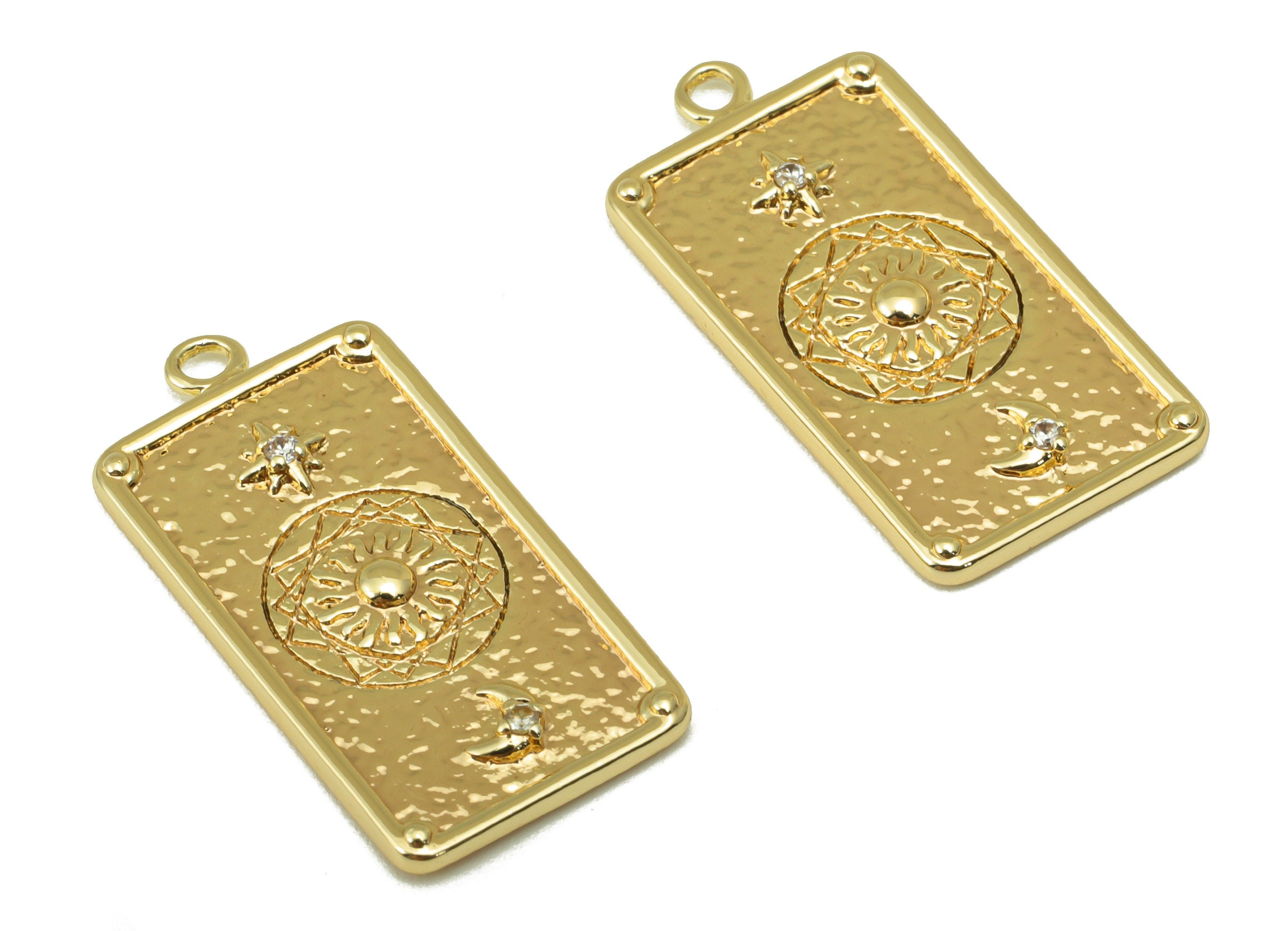 Brass Rectangle Earring - Brass Sun Crescent Charm - Cubic Zircon - CZ Textured Star Pendant - 18K Real Gold Plated - 27x13.6x2.1mm- RGP6374 - DOMEDBAZAAR