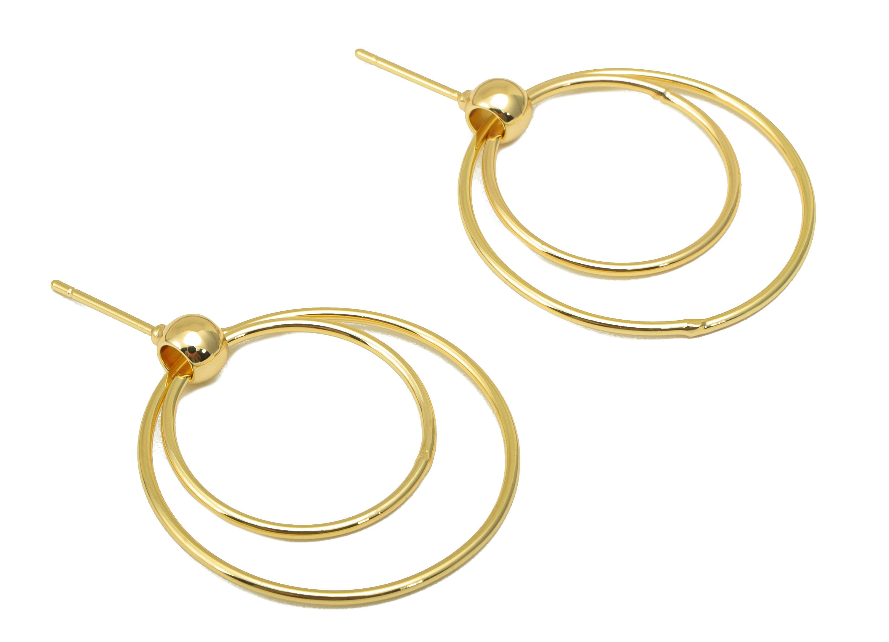 Brass Round Earring Stud - Brass Double Circle Earring Post - Gold Ball Post - Hoop Stud Earring -18K Real Gold Plated - 40x27x1mm- RGP6377 - DOMEDBAZAAR