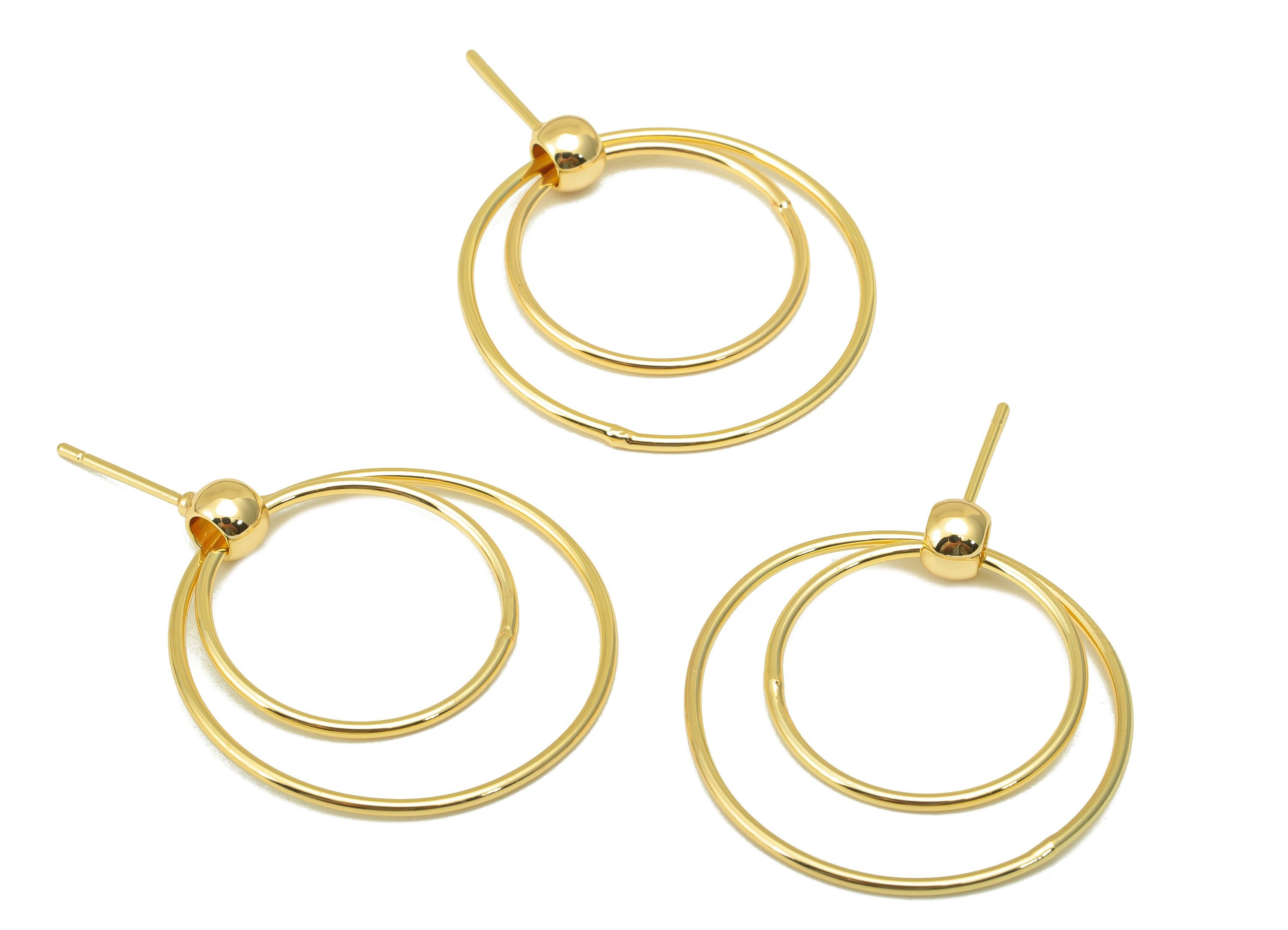 Brass Round Earring Stud - Brass Double Circle Earring Post - Gold Ball Post - Hoop Stud Earring -18K Real Gold Plated - 40x27x1mm- RGP6377 - DOMEDBAZAAR
