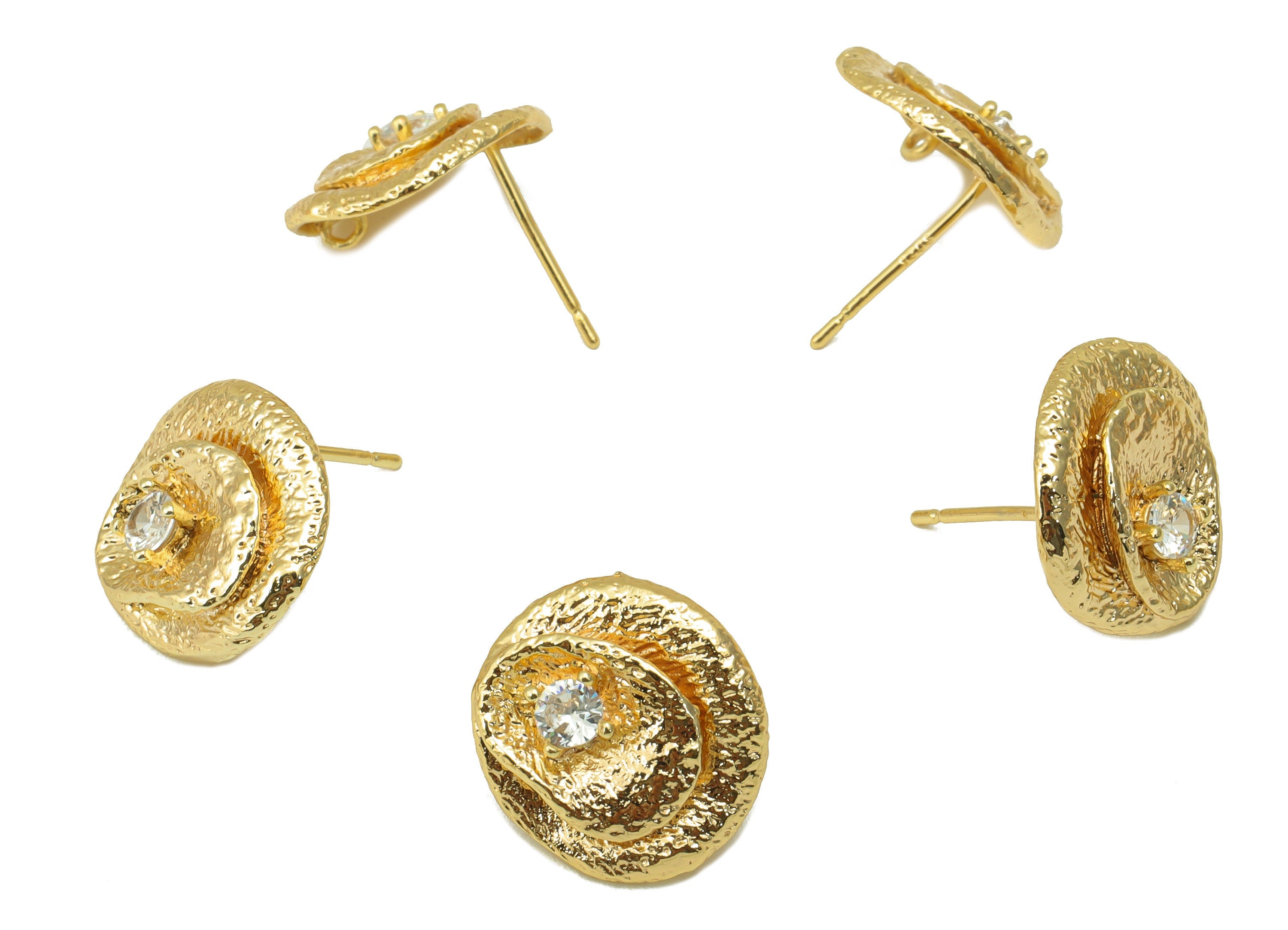 Brass Flower Earring Stud - Brass Hammered CZ Earring Post - Botanical Cubic Zirconia Earring Post - 18K Real Gold Plated-15x14x2mm- RGP6370 - DOMEDBAZAAR