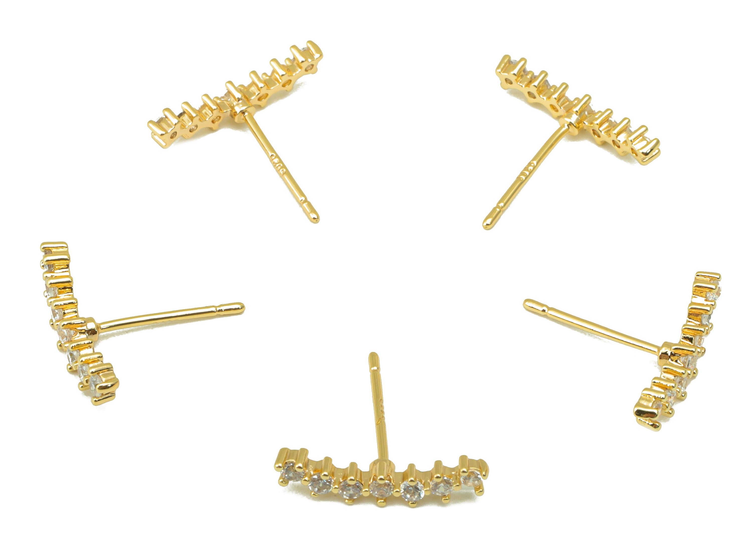 Brass Beads Earring Stud - Brass Bar CZ Earring Post - Cubic Zirconia Earring Post - 18K Real Gold Plated - 14.67x14x 2.02mm- RGP6311 - DOMEDBAZAAR