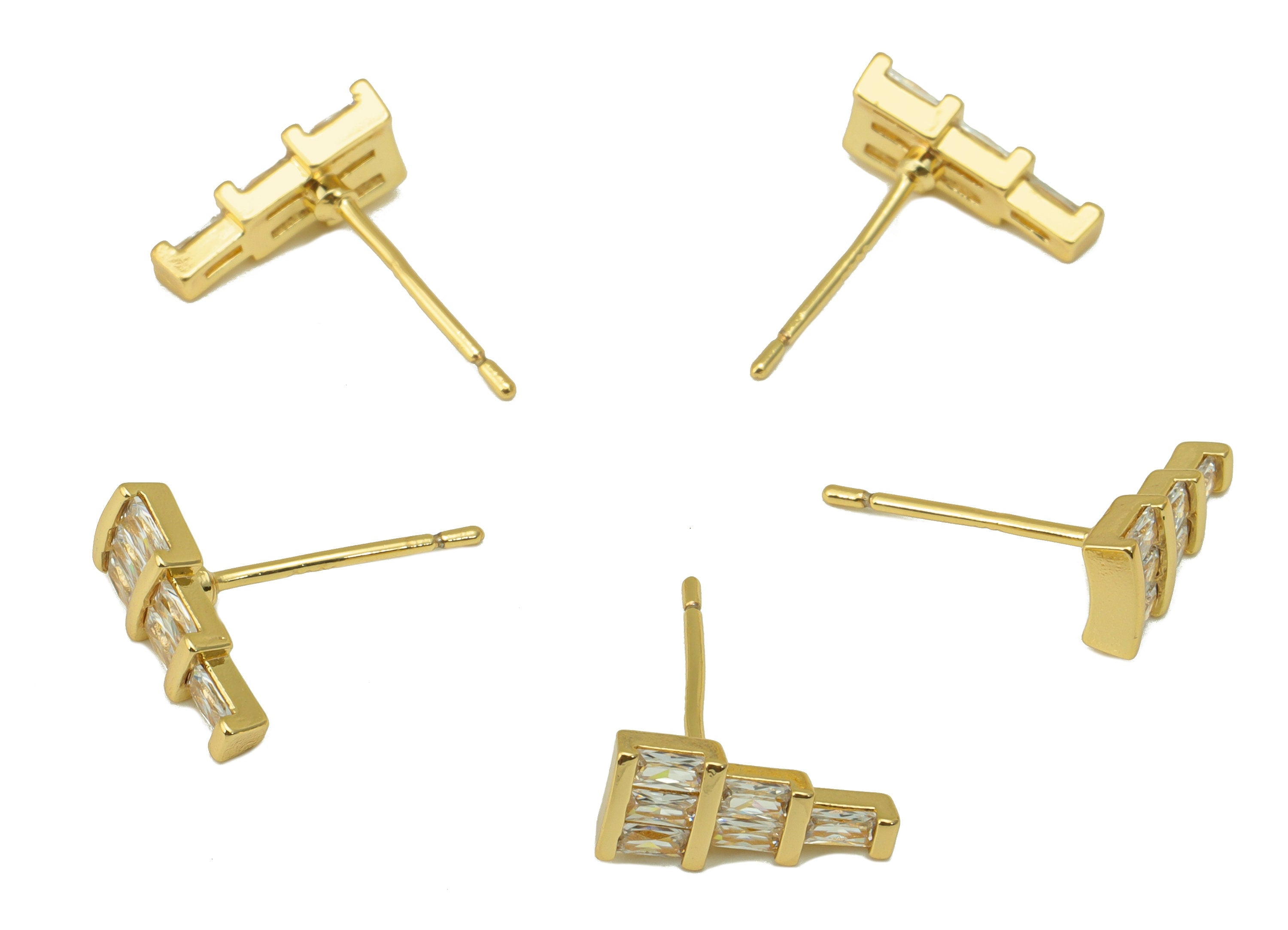 Brass Ladder Earring Stud - Brass Emerald CZ Earring Post - Cubic Zirconia Earring Post - 18K Real Gold Plated - 11.57x 5.27x 2.2mm- RGP6325 - DOMEDBAZAAR