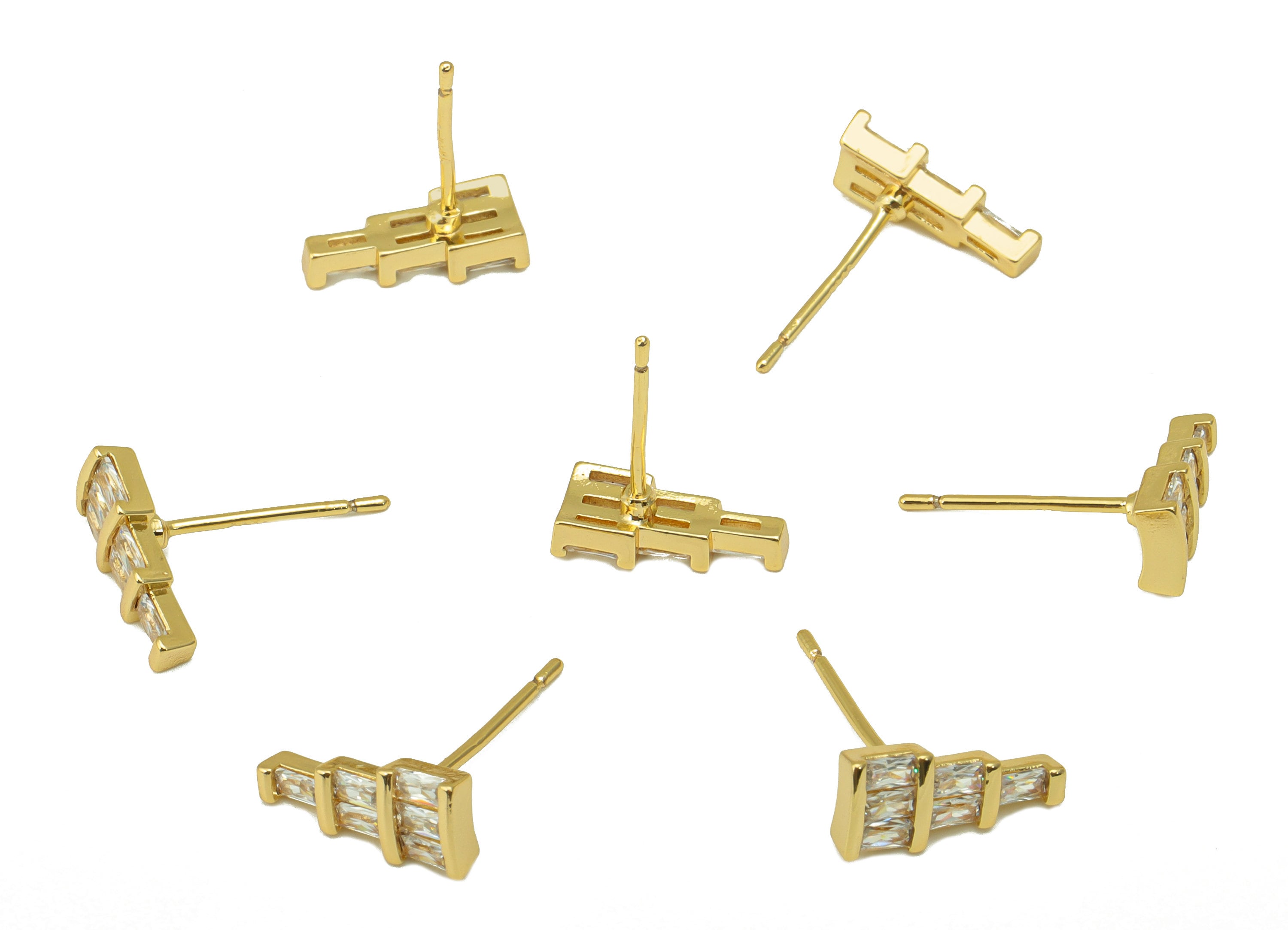 Brass Ladder Earring Stud - Brass Emerald CZ Earring Post - Cubic Zirconia Earring Post - 18K Real Gold Plated - 11.57x 5.27x 2.2mm- RGP6325 - DOMEDBAZAAR