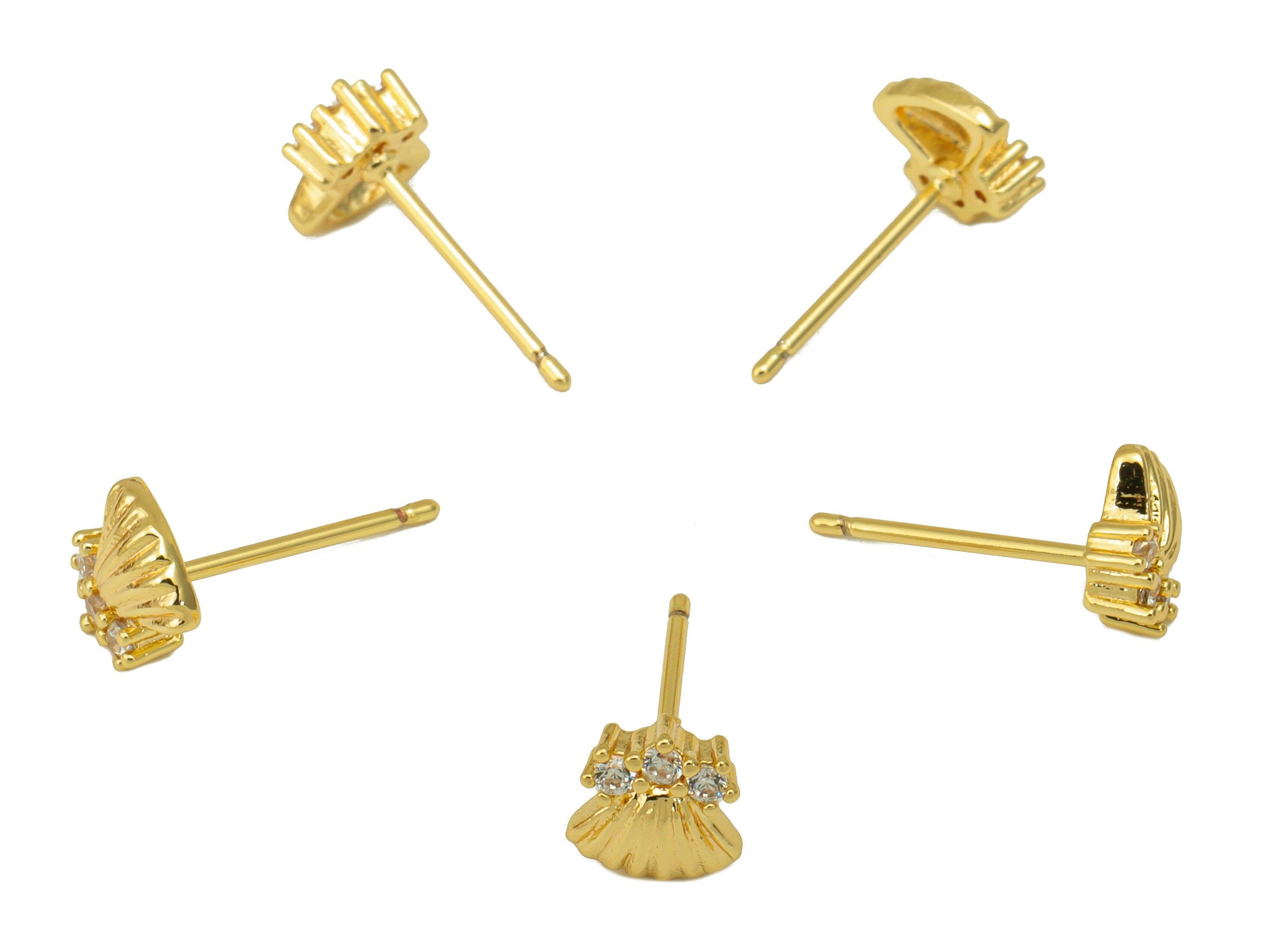 Brass Seashell Earring Stud - Brass Whale Tail Earring Post - Cubic Zirconia Earring Post - 18K Real Gold Plated - 6.73x6.37x2.57mm- RGP6392 - DOMEDBAZAAR