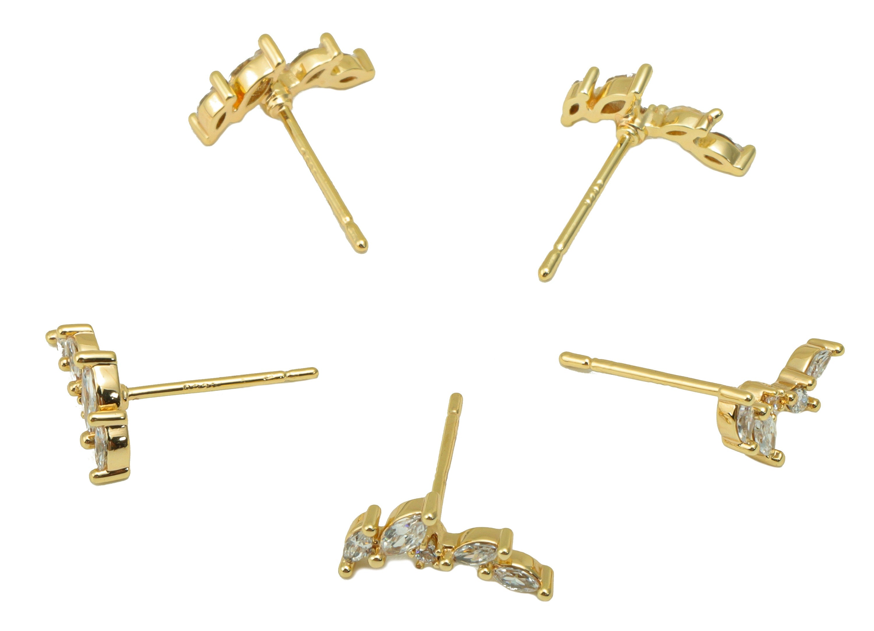 Brass Branch Earrings Stud - Brass Marquise Earring Post - Cubic Zirconia Leaf Earring Wire - 18K Real Gold Plated -12x 5.6x 2.22mm- RGP6281 - DOMEDBAZAAR