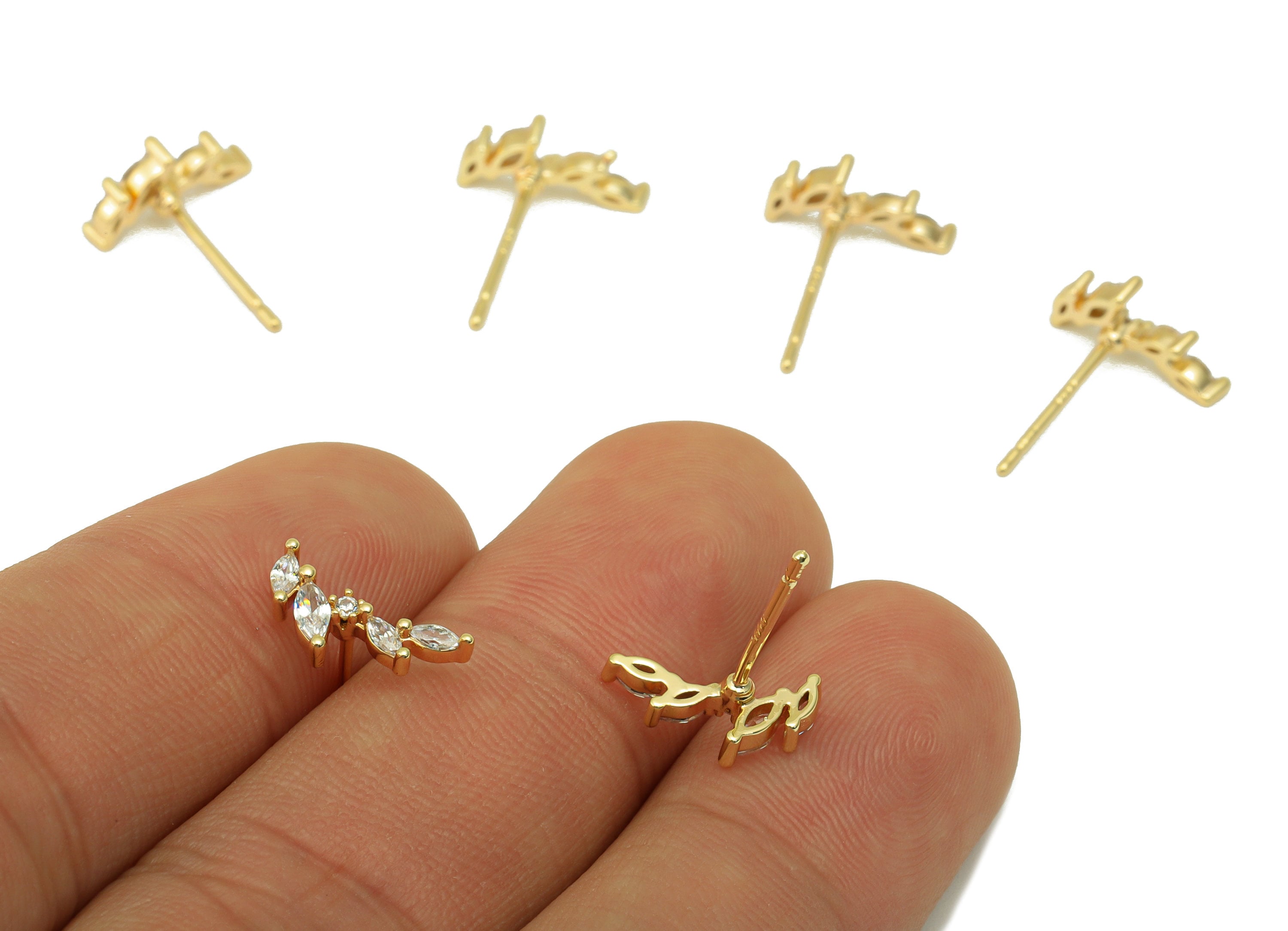Brass Branch Earrings Stud - Brass Marquise Earring Post - Cubic Zirconia Leaf Earring Wire - 18K Real Gold Plated -12x 5.6x 2.22mm- RGP6281 - DOMEDBAZAAR