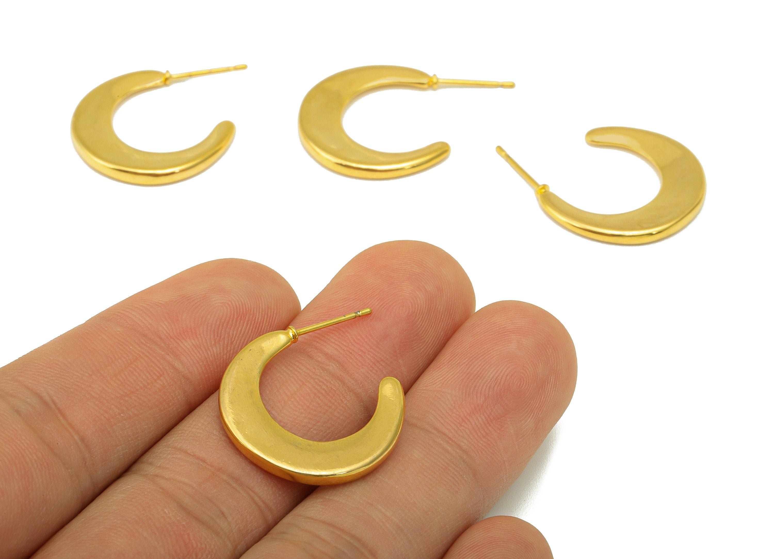 Brass Crescent Earring Stud - Brass Moon Earring Post - Thick Moon Earring Post - 18K Real Gold Plated - 29.5x21.86x2.3mm- RGP6208 - DOMEDBAZAAR