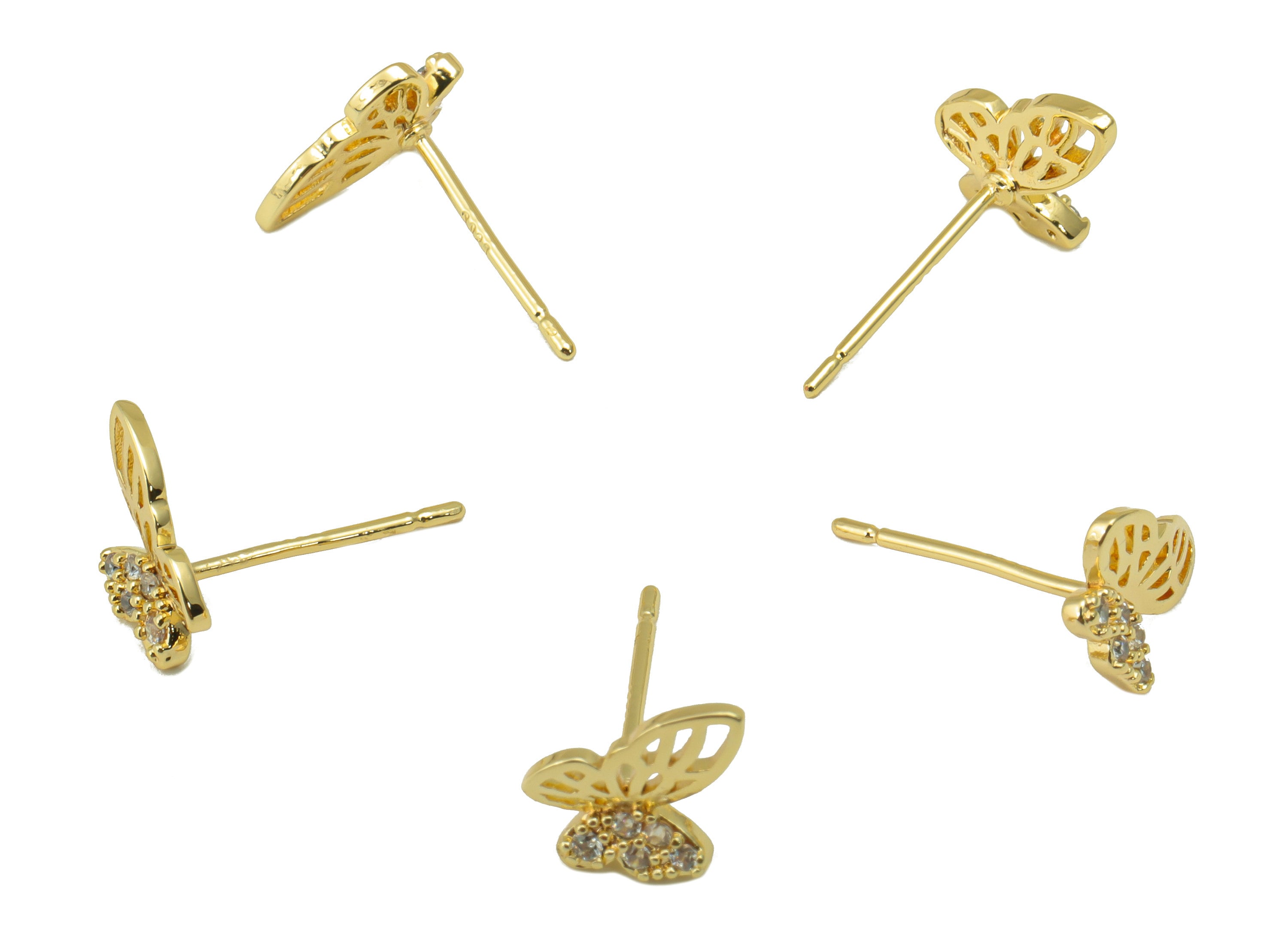 Brass Butterfly Earring Stud - Brass Cubic Zirconia Earring Post -CZ Animal Earring Post - 18K Real Gold Plated - 9.39x6.9x 1.75mm- RGP6246 - DOMEDBAZAAR