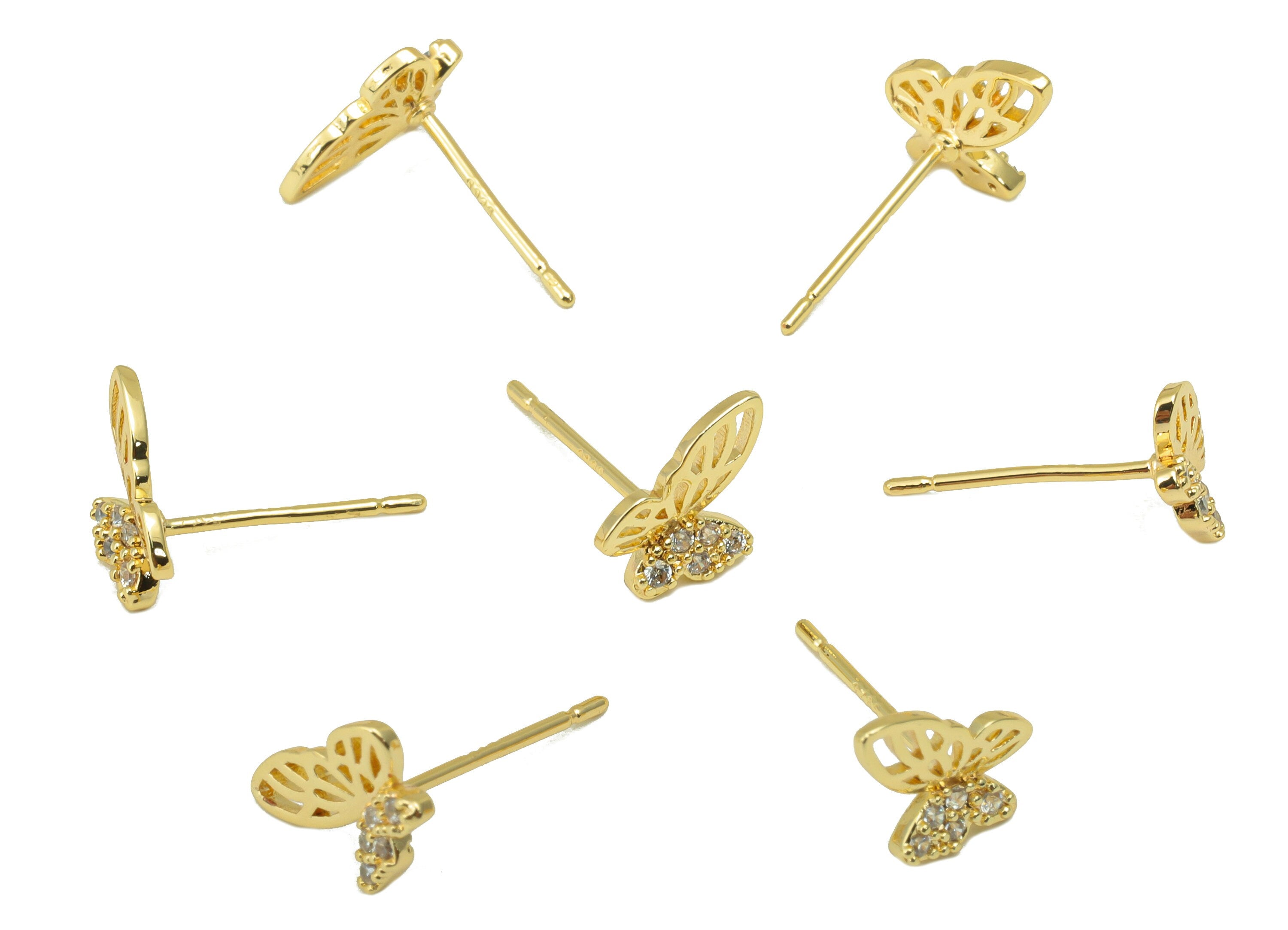 Brass Butterfly Earring Stud - Brass Cubic Zirconia Earring Post -CZ Animal Earring Post - 18K Real Gold Plated - 9.39x6.9x 1.75mm- RGP6246 - DOMEDBAZAAR