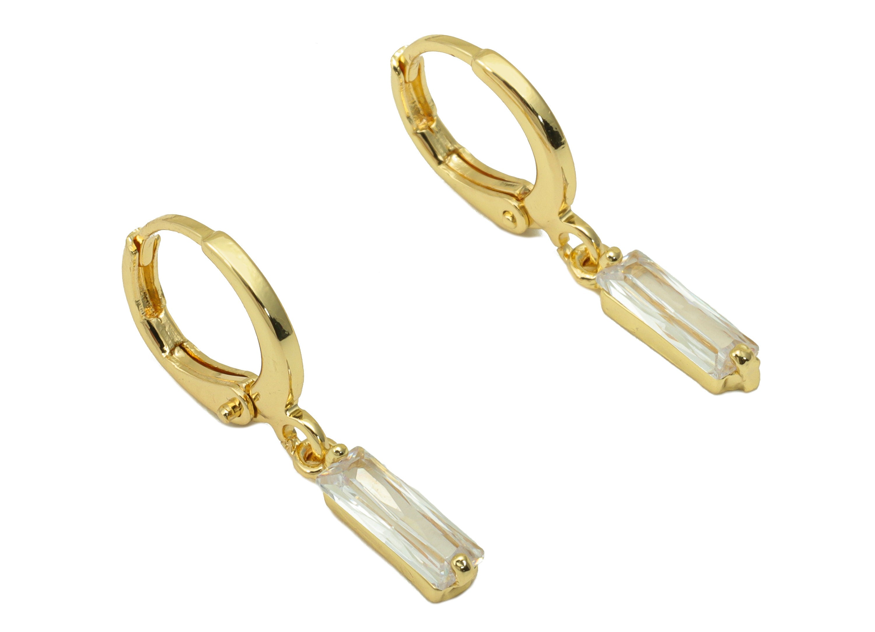 Brass Round Clasp - Brass CZ Huggie Hoop Clasp - Cubic Zirconia Emerald Lever Back Clasp - 18K Real Gold Plated - 26.4x12x2.55mm- RGP6201 - DOMEDBAZAAR