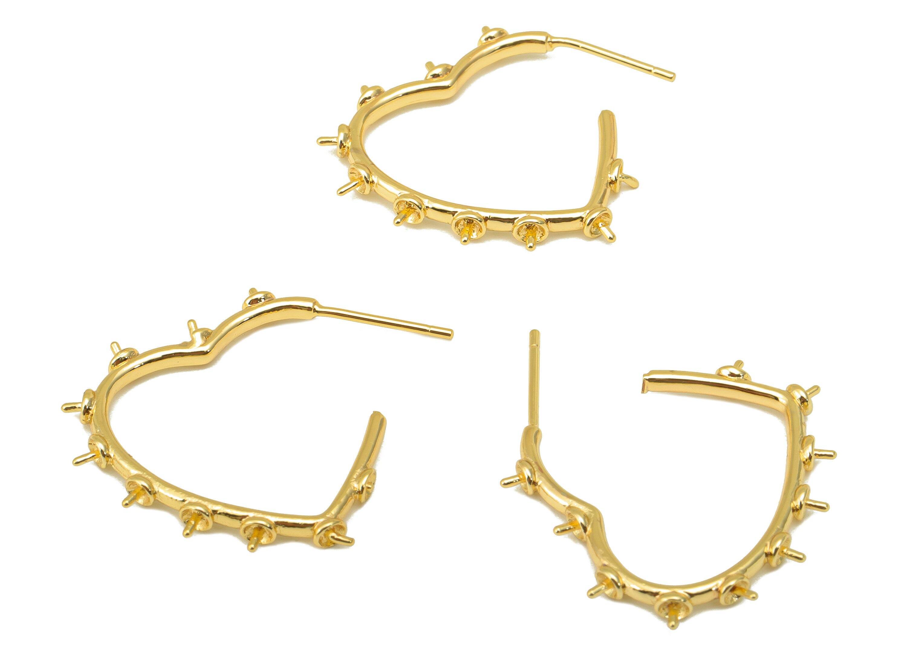 Brass Heart Earring Stud - Brass Heart Earring Post - Heart Earring Post For Pearl - 18K Real Gold Plated - 29.98x25.58x2.7mm- RGP6221 - DOMEDBAZAAR