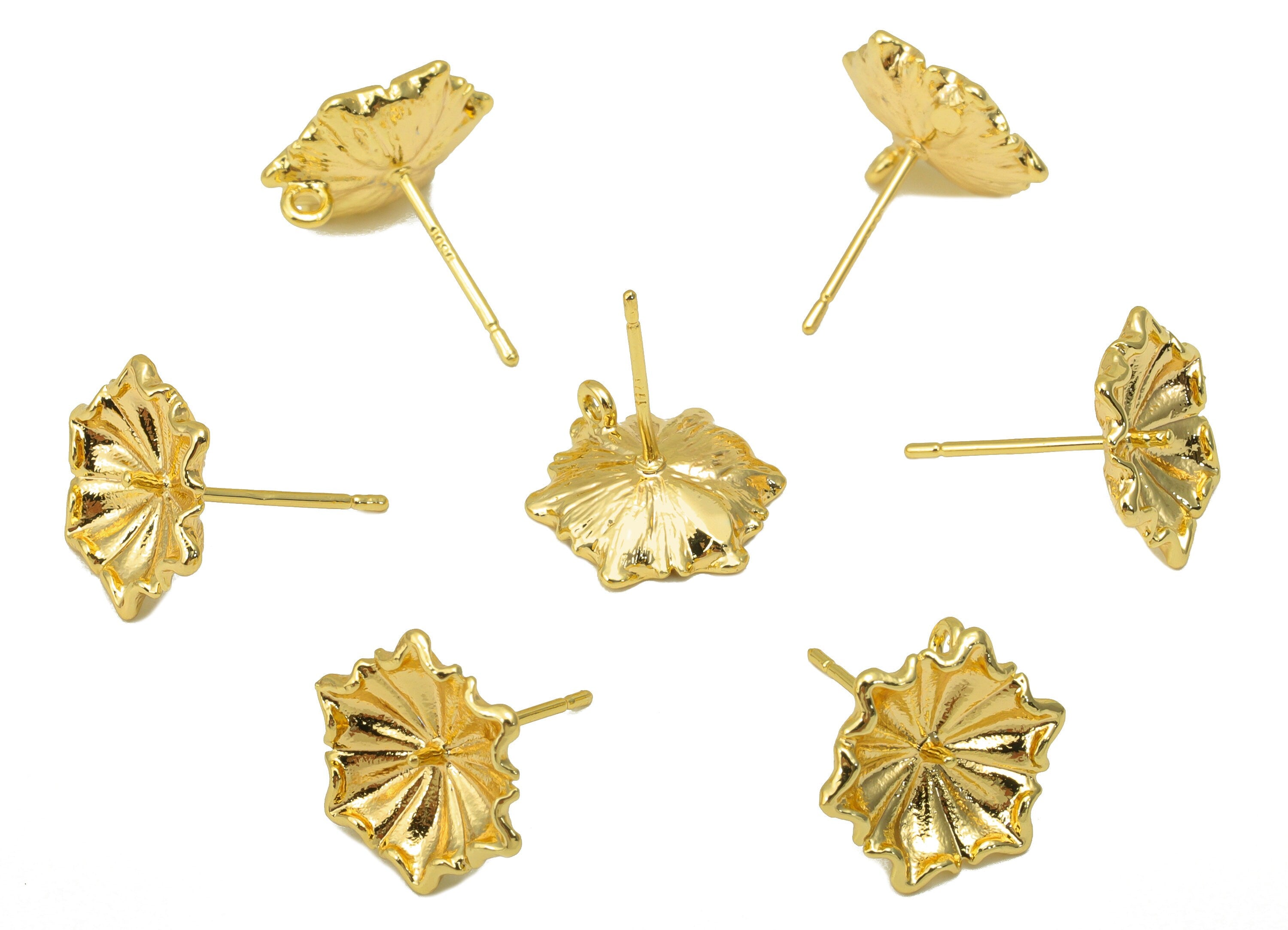 Brass Flower Earring Stud - Lotus Leaf Earring Post -Botanical Earring Post For Pearl - 18K Real Gold Plated - 12.15x12.15x 1.19mm- RGP6249 - DOMEDBAZAAR