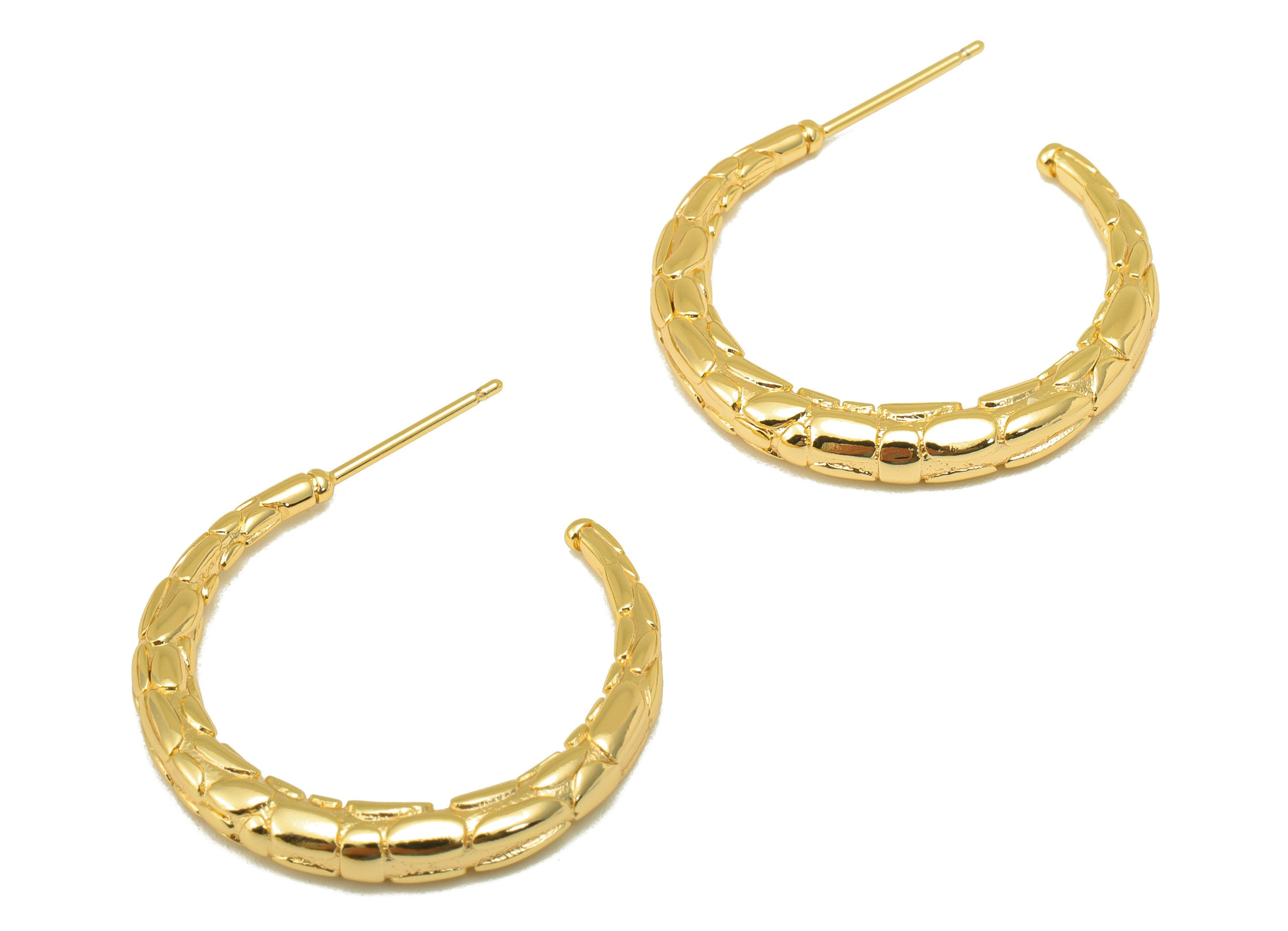 Brass Open Hoop Stud - Textured Earring Post -Crescent Earring Hoop Post - 18K Real Gold Plated - 33.57x27.6 x 3.6mm- RGP6211 - DOMEDBAZAAR