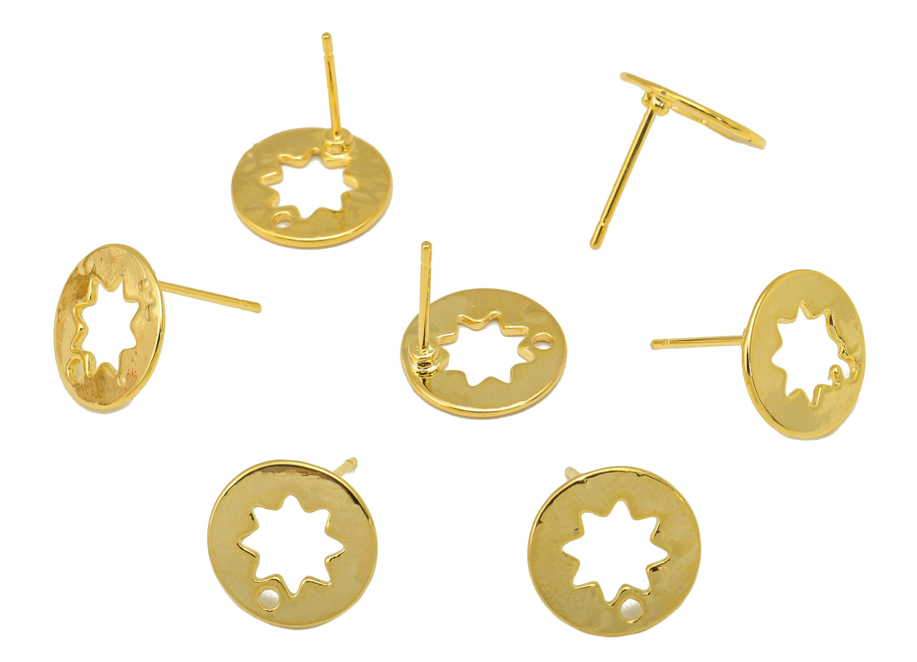 Brass Round Earring Stud - Flower Earring Post With Hole -Hollow Star Earring Post - 18K Real Gold Plated - 11.97x11.63x 0.92mm- RGP6266 - DOMEDBAZAAR