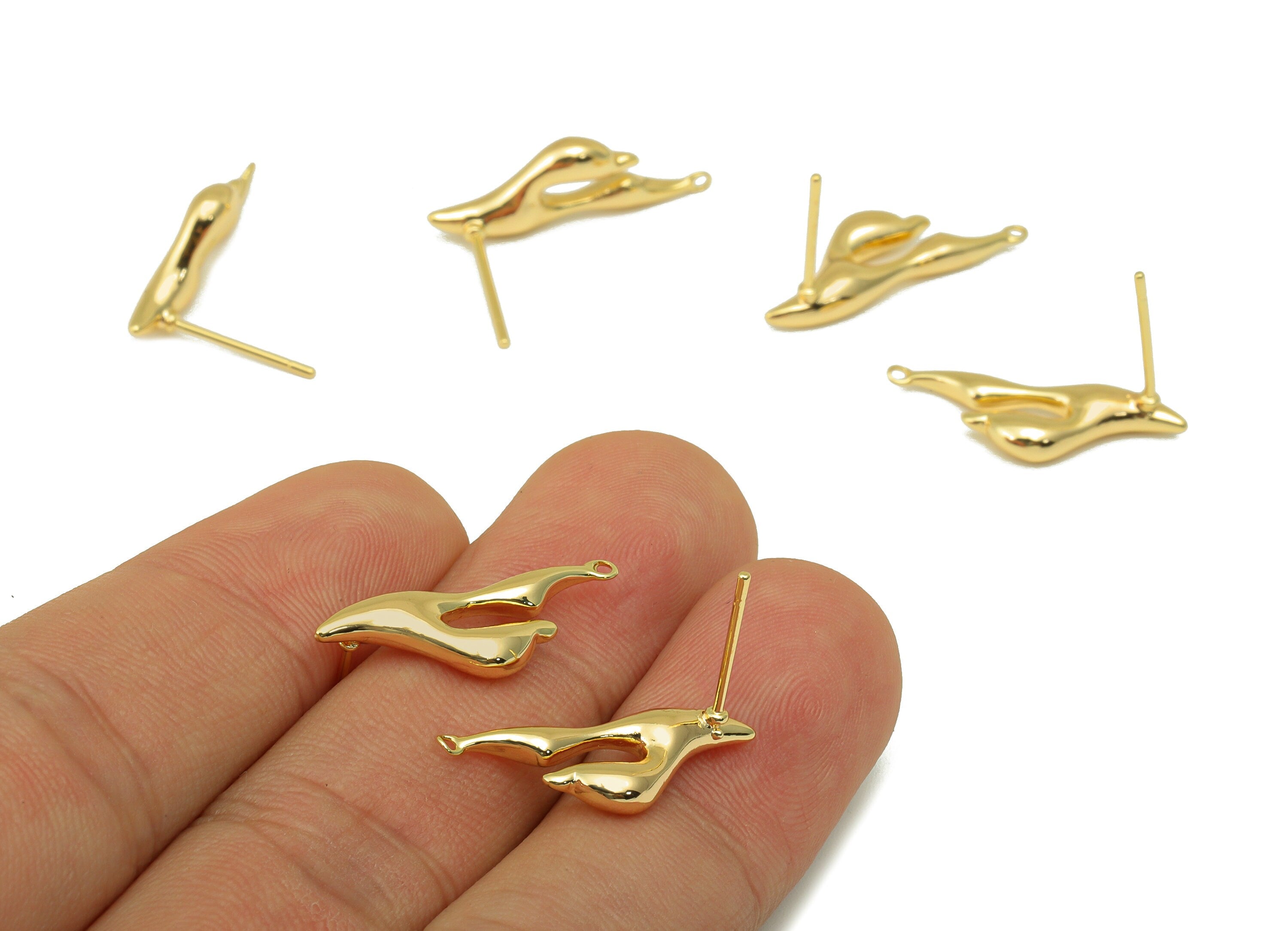 Brass Irregular Earring Stud - Melting Fly Earring Post - Burning Earring Post with Loop - 18K Real Gold Plated - 23.03x7.9x3.38mm- RGP6247 - DOMEDBAZAAR