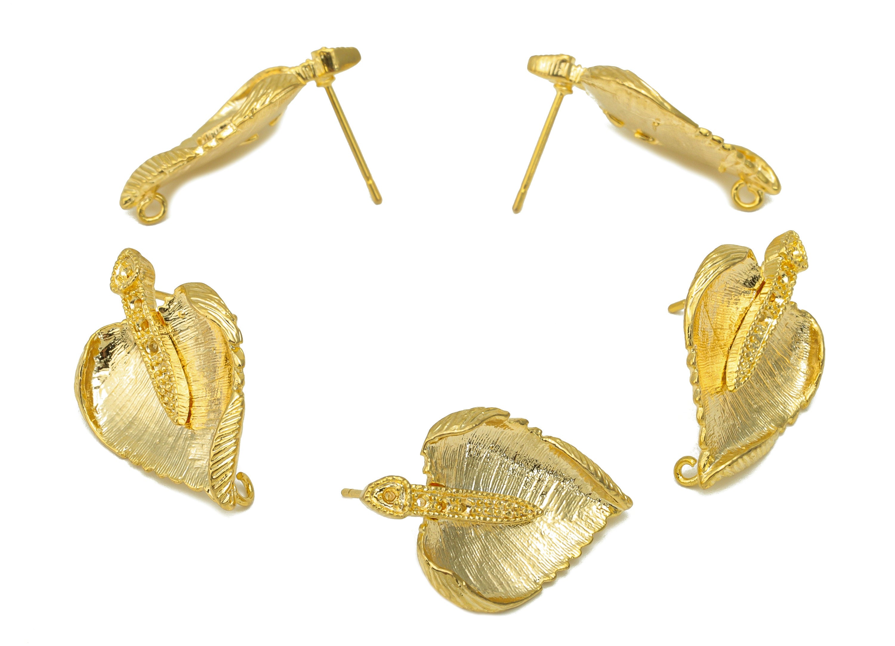 Brass Leaf Earring Stud -Textured Earring Post - Botanical Earring Post - Poplar Earring Post - 18K Real Gold Plated - 25.36x17x2mm- RGP6203 - DOMEDBAZAAR