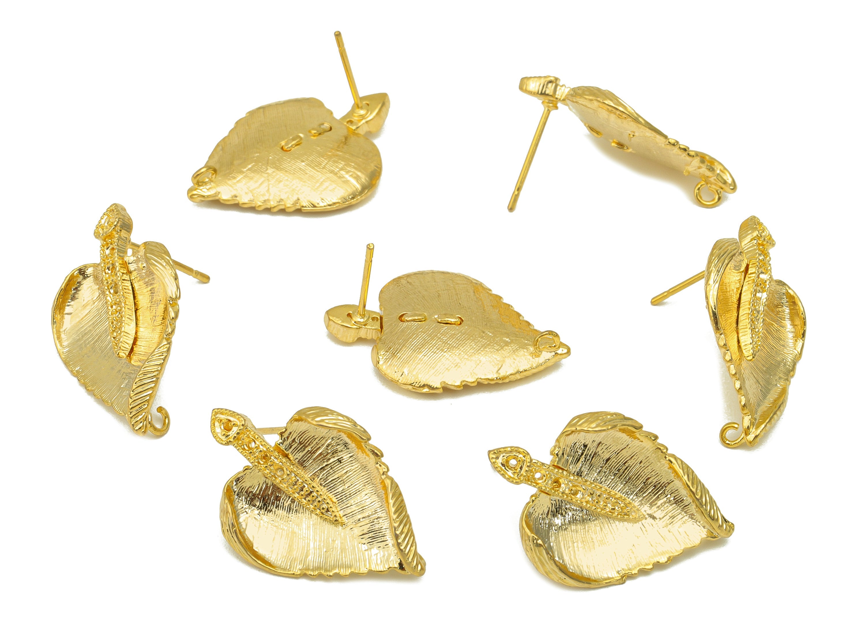 Brass Leaf Earring Stud -Textured Earring Post - Botanical Earring Post - Poplar Earring Post - 18K Real Gold Plated - 25.36x17x2mm- RGP6203 - DOMEDBAZAAR