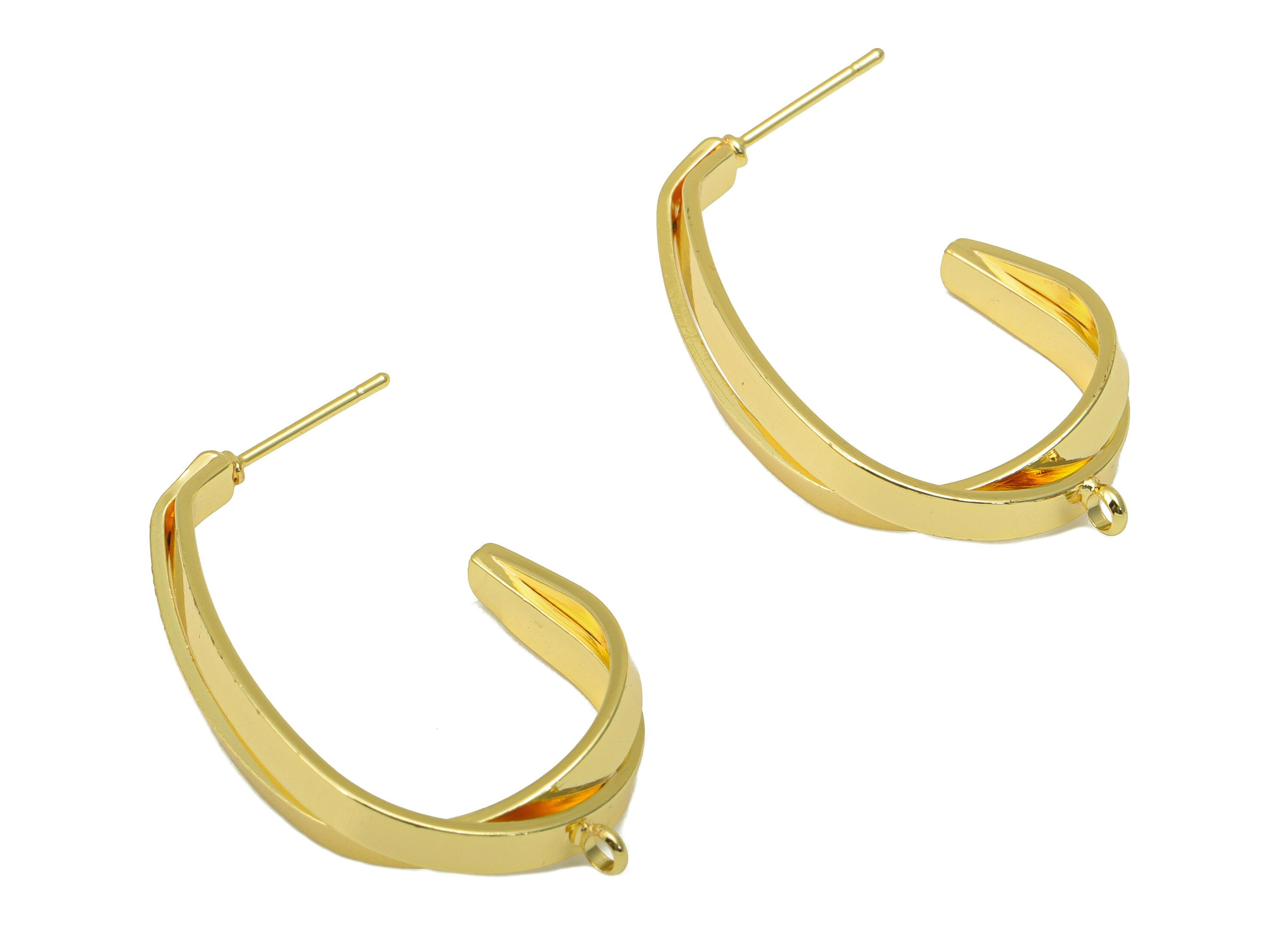 Brass Open Hoop Stud - Oval Rectangle Earring Post - Hoop Earring Post With Loop - Earring Post - 18K Real Gold Plated - 25x17x2mm- RGP6263 - DOMEDBAZAAR