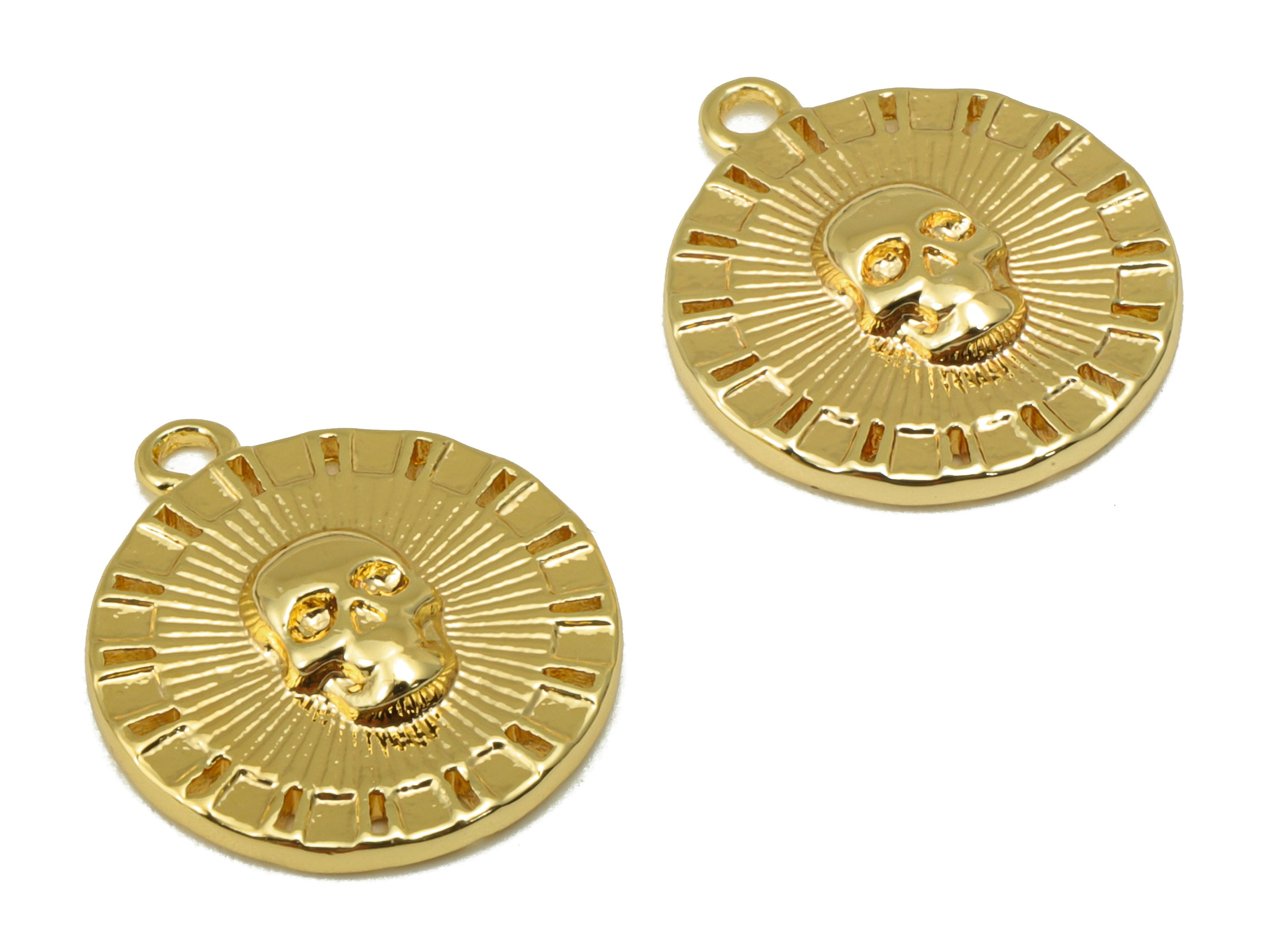 Brass Round Earring - Brass Skull Charm - Textured Circle Pendant - For Necklace - 18K Real Gold Plated - 16.37x14.25x 2.82mm- RGP6386 - DOMEDBAZAAR