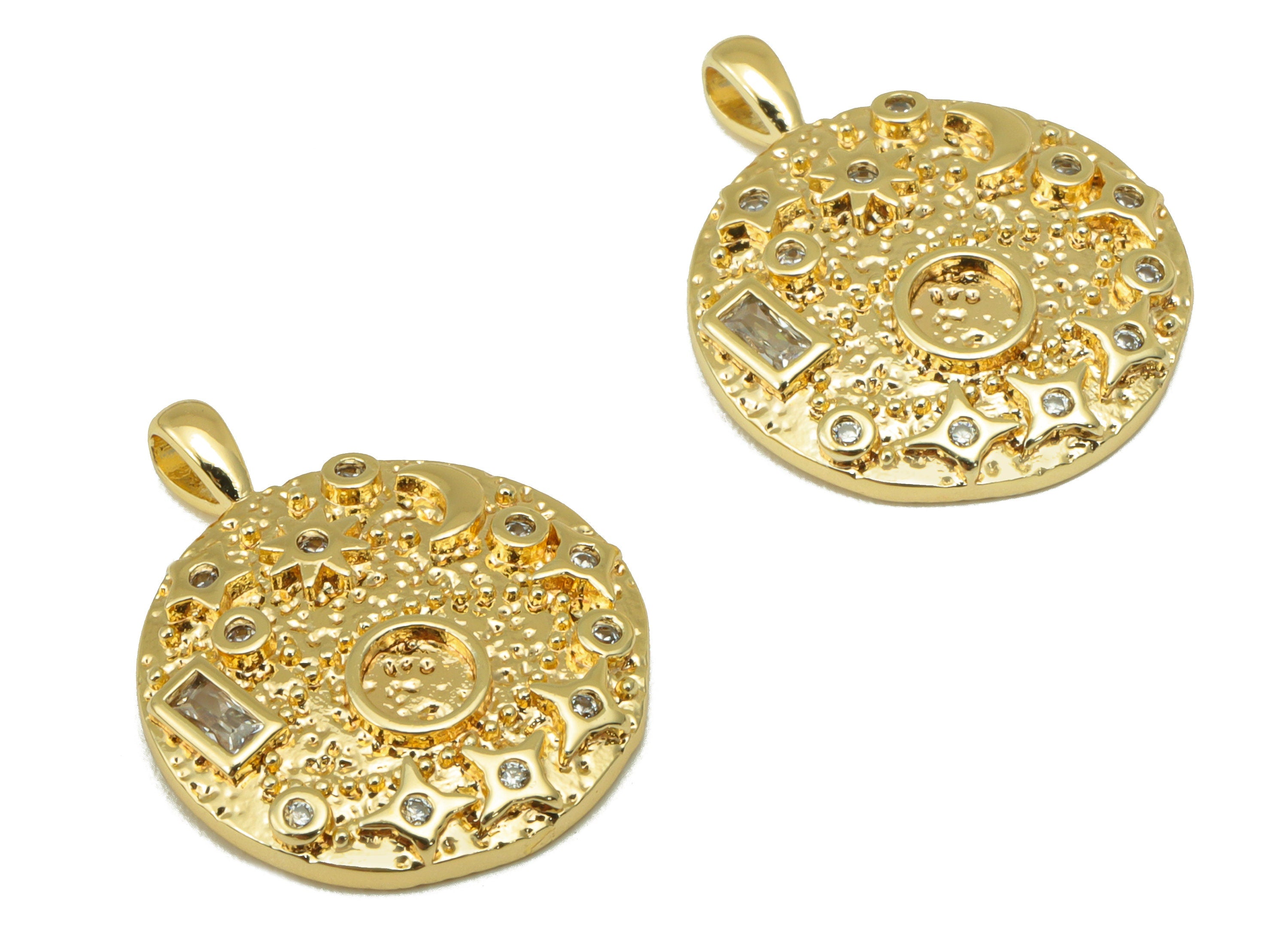 Brass Round Star Earring - Crescent Dot Charm - Textured Planet Cubic Zirconia Pendant - For Necklace-18K Real Gold Plated-20x16x2mm-RGP6387 - DOMEDBAZAAR