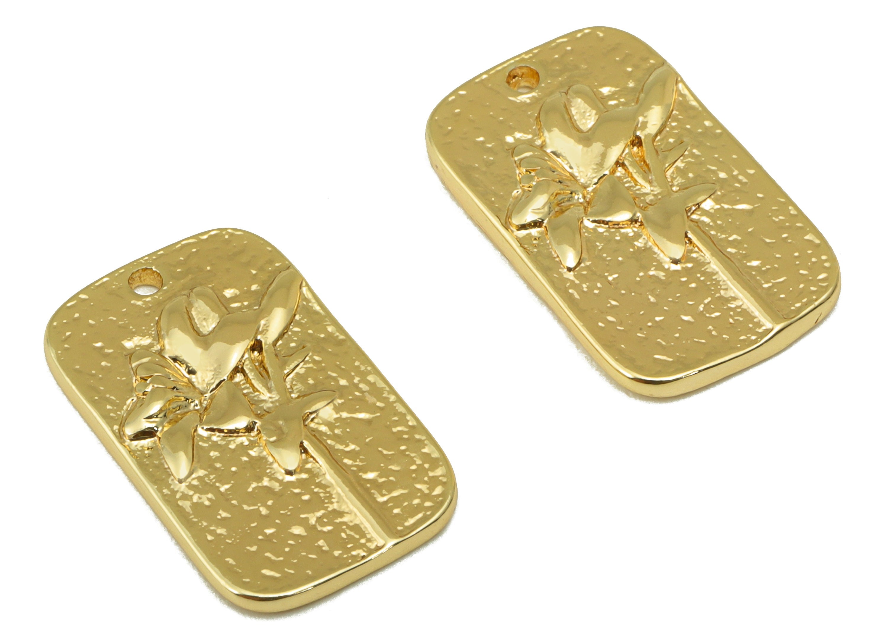 Brass Oval Rectangle Earring - Brass lily Charm - Hammered Flower Pendant -For Necklace - 18k Real Gold Plated-18.38x 11.32x1.89mm - RGP6388 - DOMEDBAZAAR