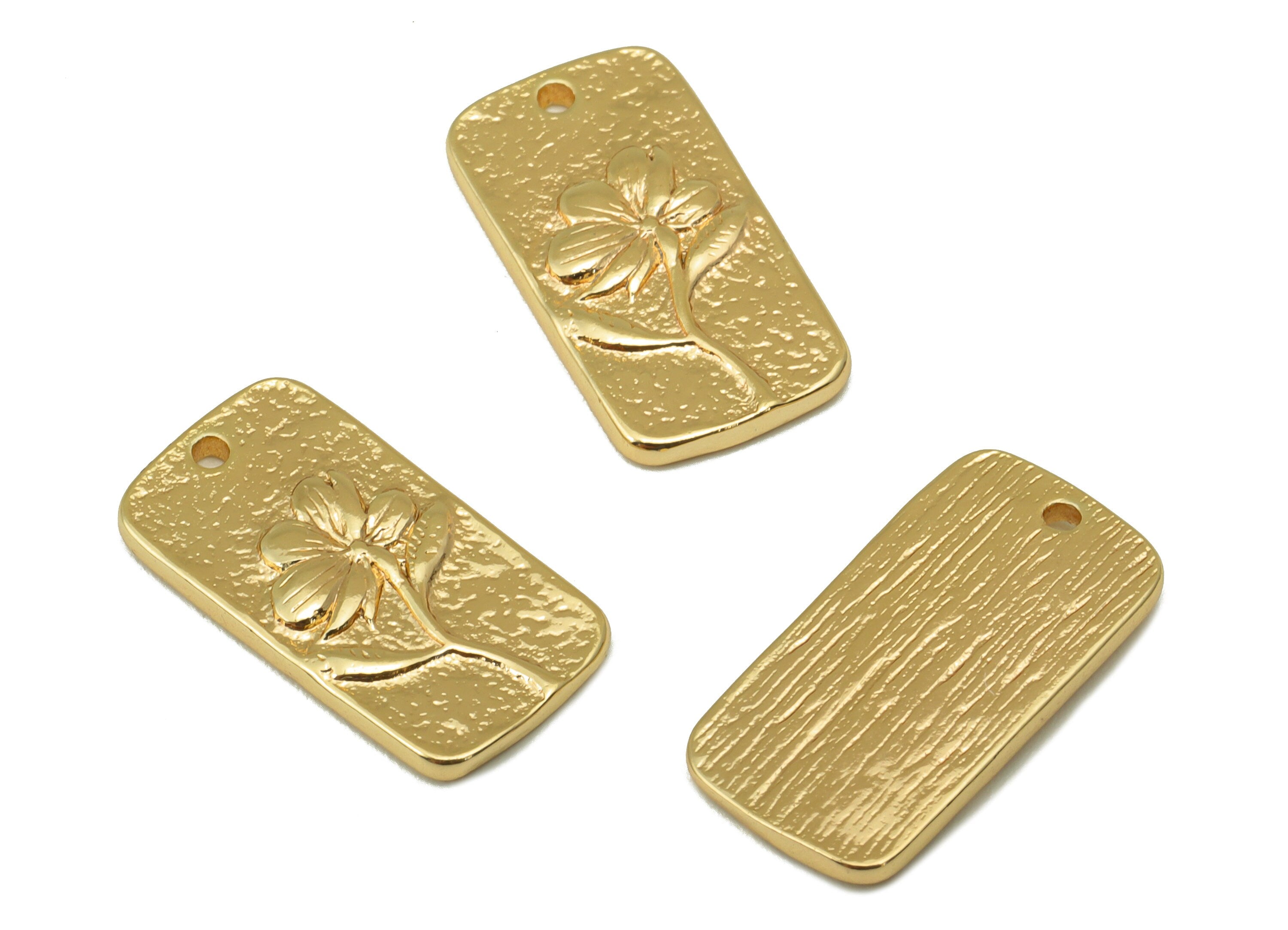 Brass Oval Rectangle Earring - Brass Periwinkle Charm -Hammered Flower Pendant - For Necklace -18k Real Gold Plated- 18x 9x1.83mm - RGP6389 - DOMEDBAZAAR