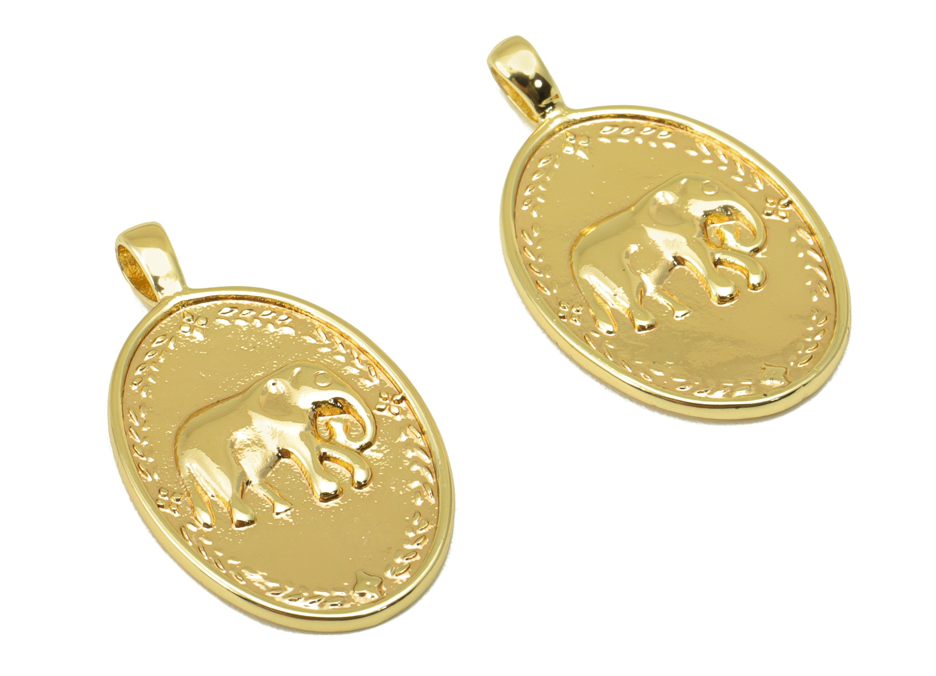 Brass Ellipse Earring - Elephant Frame Oval Pendant - Vintage Lace Looking Charm - For Necklace -18k Real Gold Plated- 23x14x1.3mm - RGP6397 - DOMEDBAZAAR