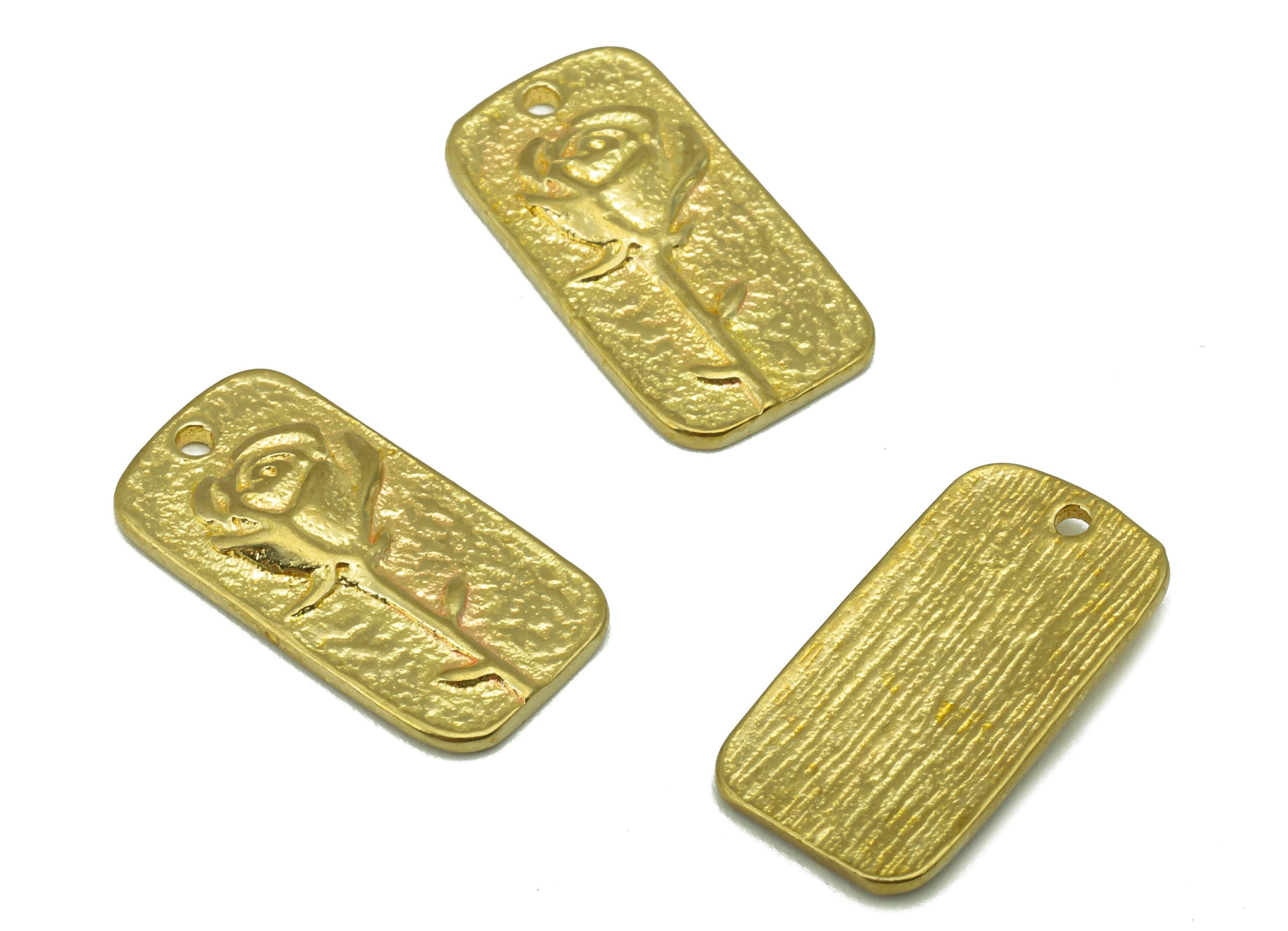 Brass Oval Rectangle Charm-Raw Brass Hammered -Botanical Charm-Flower Charm-Rose Pendant -Earring Charm -Jewelry Supplies - PP8437 - DOMEDBAZAAR
