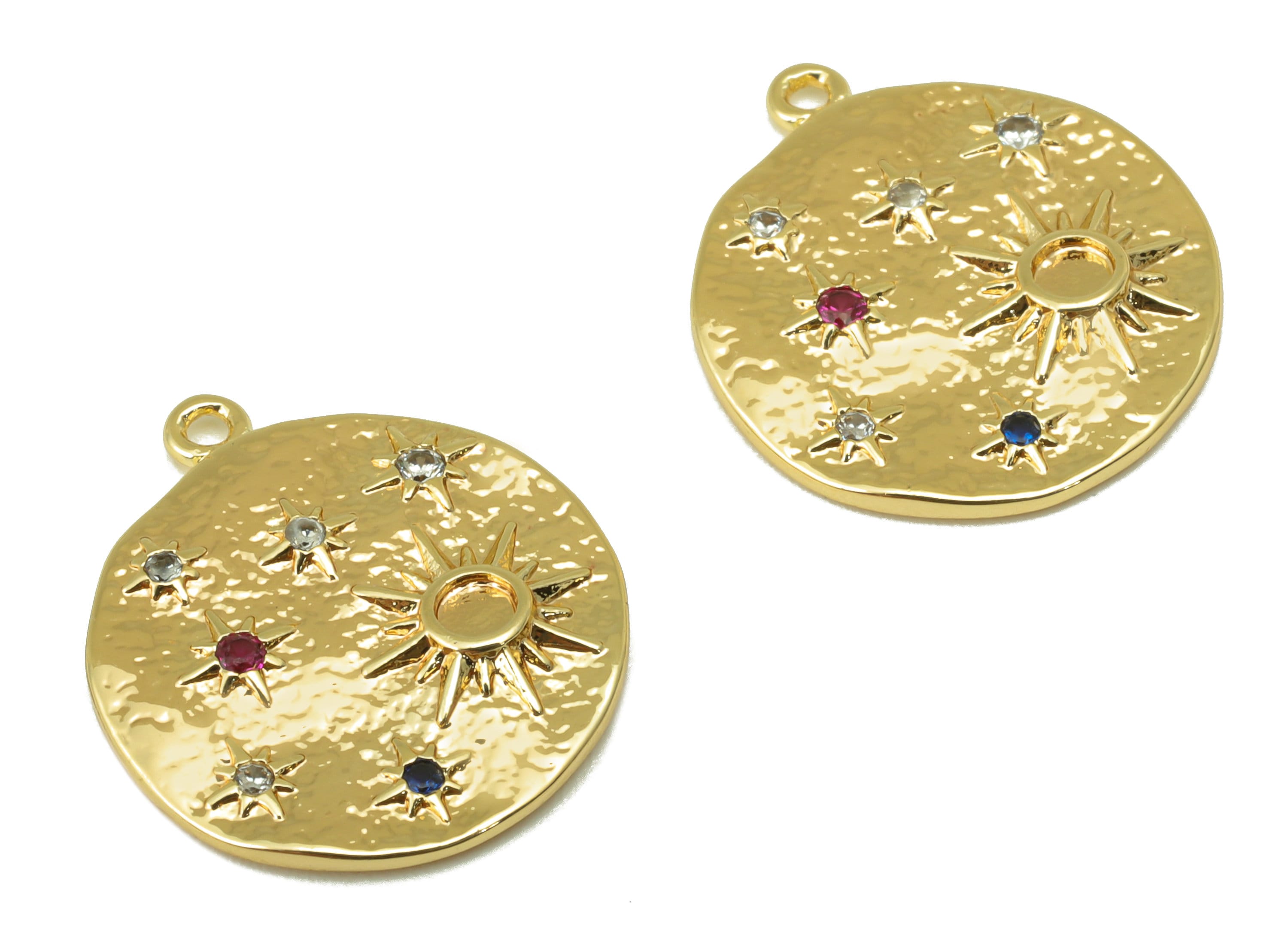 Brass Round Earring - Hammered North Star Pendant - Cubic Zirconia Sun - Sky Charm - For Necklace - 18k Real Gold Plated- 18x16x2mm- RGP6401 - DOMEDBAZAAR