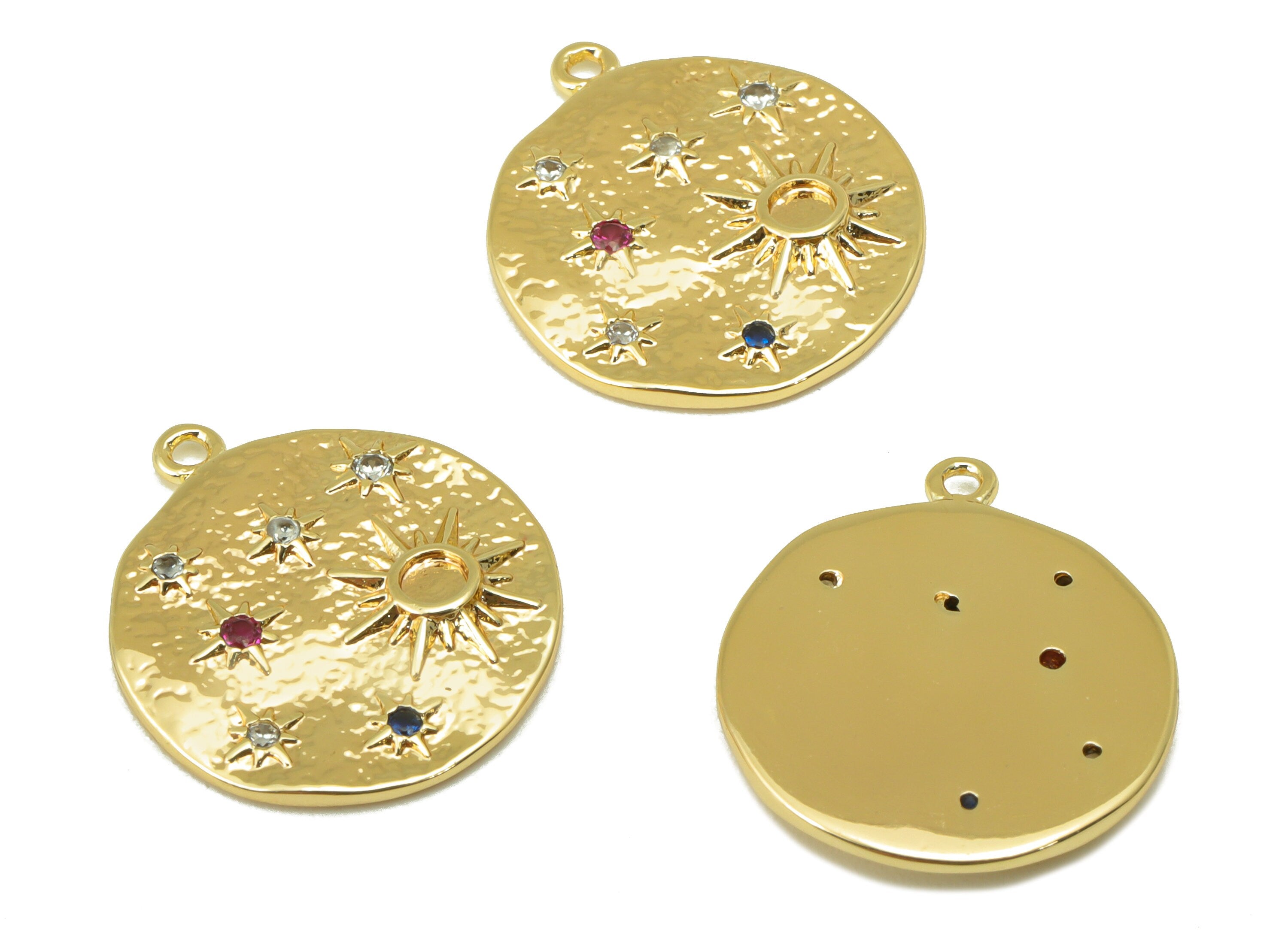 Brass Round Earring - Hammered North Star Pendant - Cubic Zirconia Sun - Sky Charm - For Necklace - 18k Real Gold Plated- 18x16x2mm- RGP6401 - DOMEDBAZAAR
